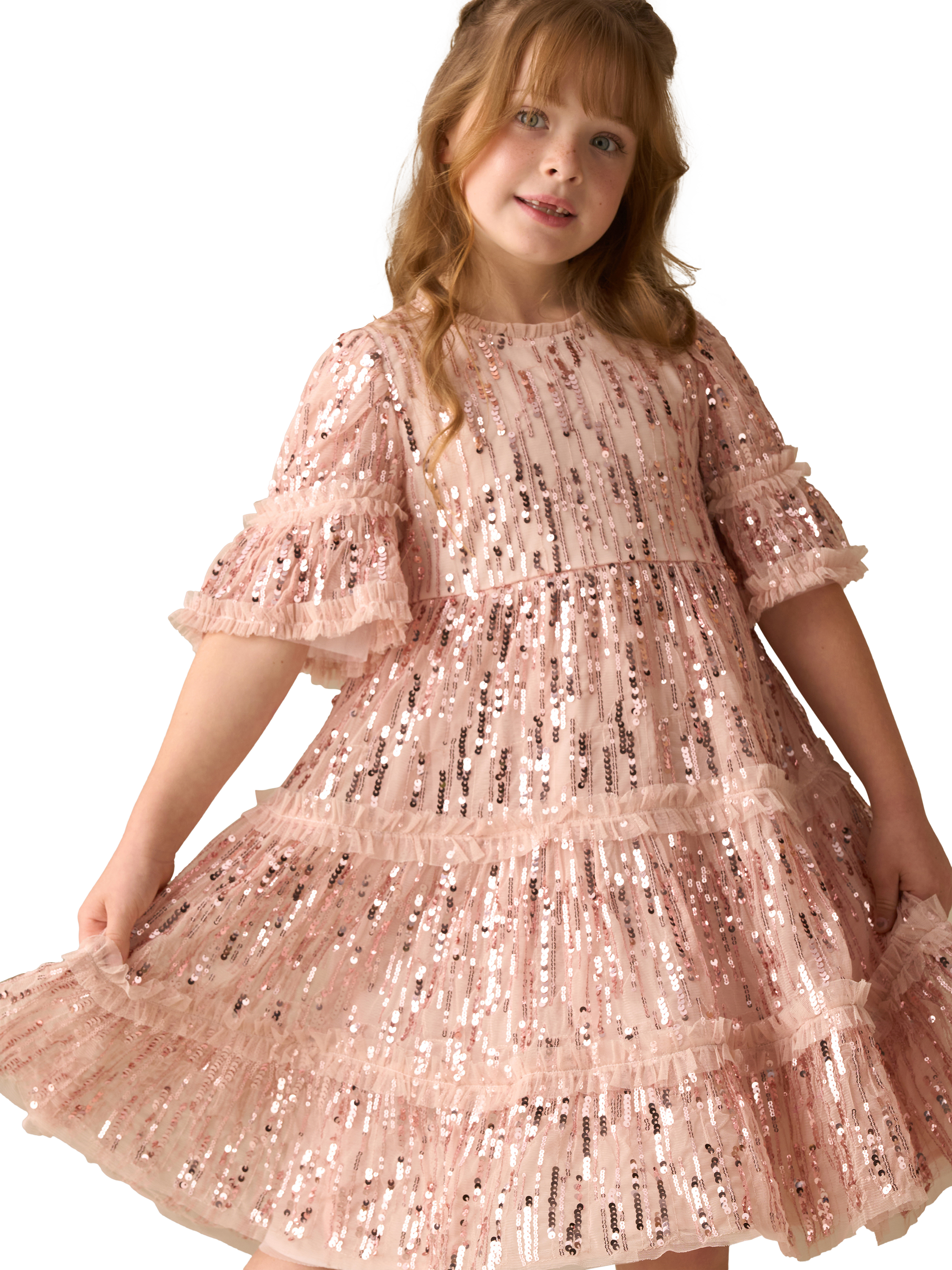 Product image 2 of 9, which shows Angel & Rocket Kids' Short Sleeve Sequin Dress, Pink, 3 years