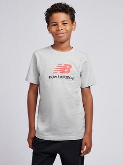 New Balance Kids' Cotton Blend Short Sleeved Stacked Logo T-Shirt, Grey Heather, Grey Heather