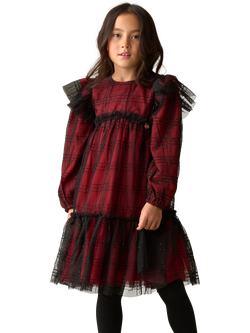 Angel & Rocket Kids' Mesh Long Sleeved Tartan Dress, Red, Red