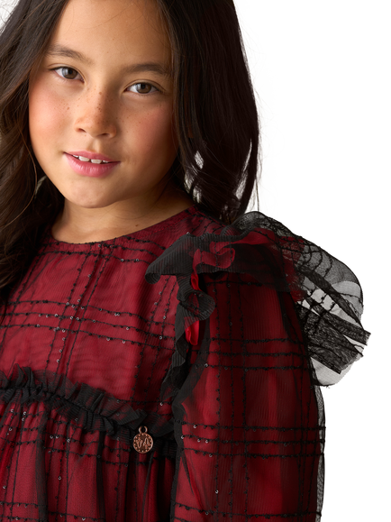 Angel & Rocket Kids' Mesh Long Sleeved Tartan Dress, Red - view 2, Red