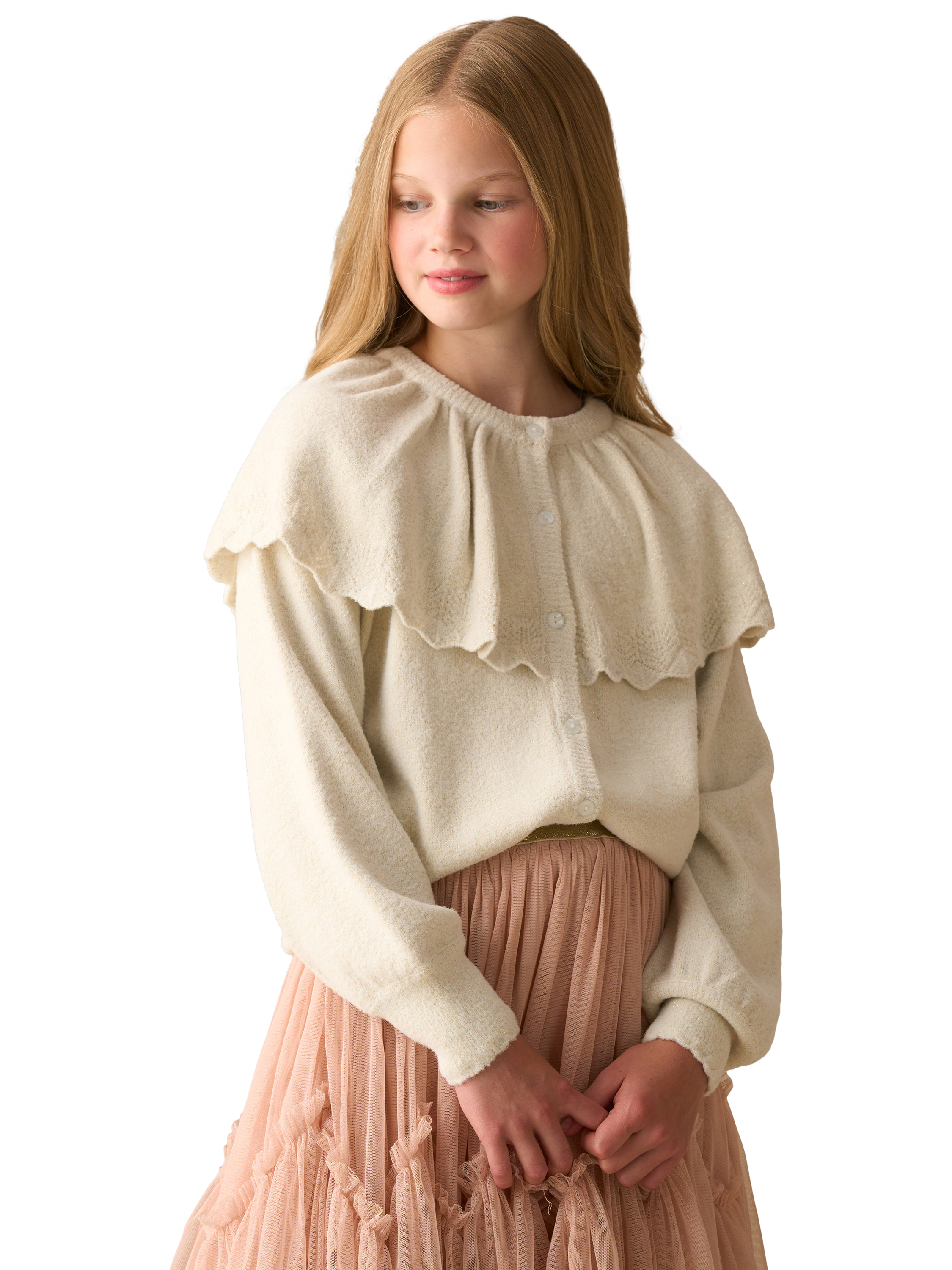 Product image 1 of 3, which shows Angel & Rocket Kids' Cape Collar Cardigan, Ivory, 3-4 years