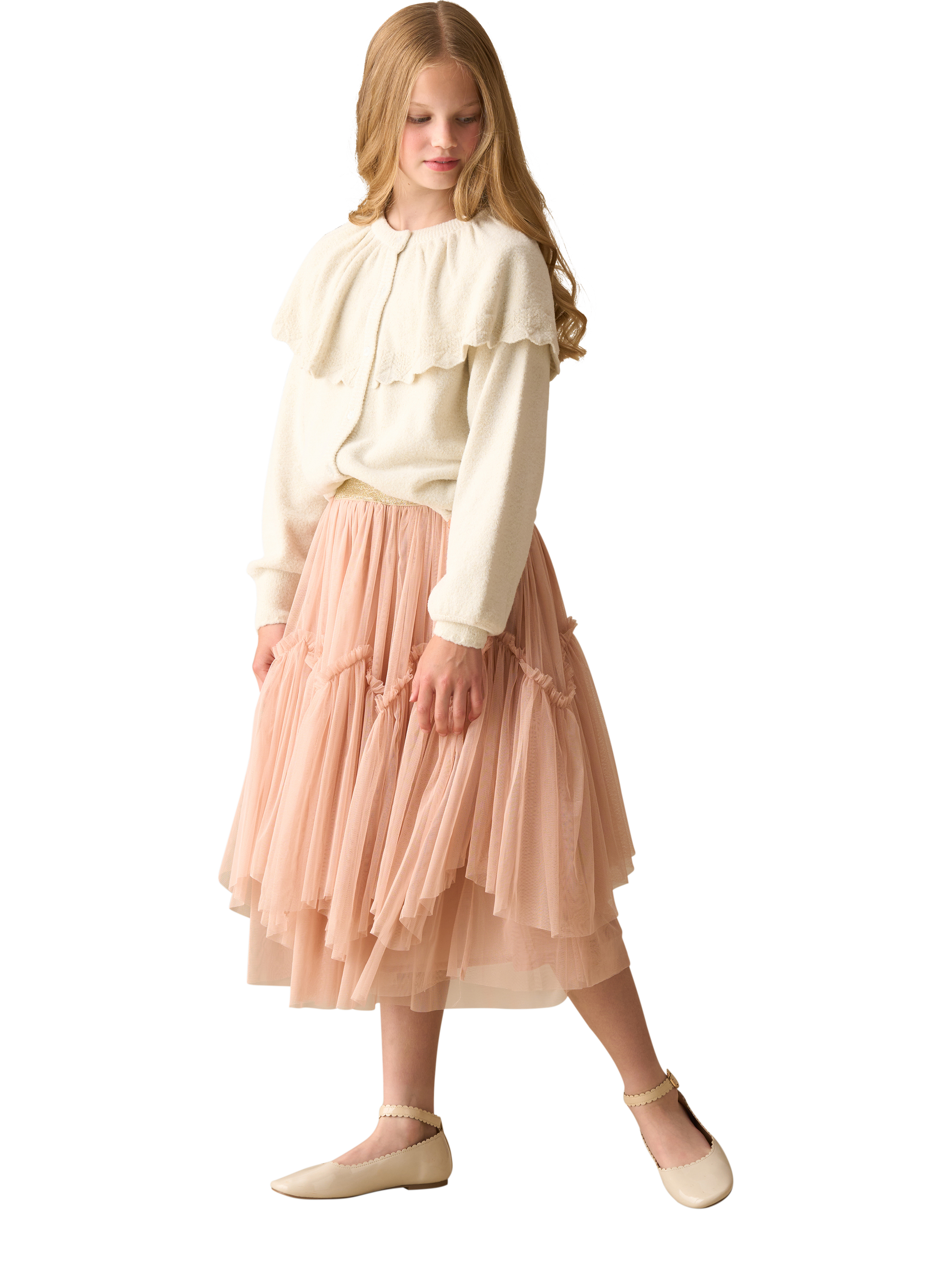 Product image 2 of 3, which shows Angel & Rocket Kids' Cape Collar Cardigan, Ivory, 3-4 years