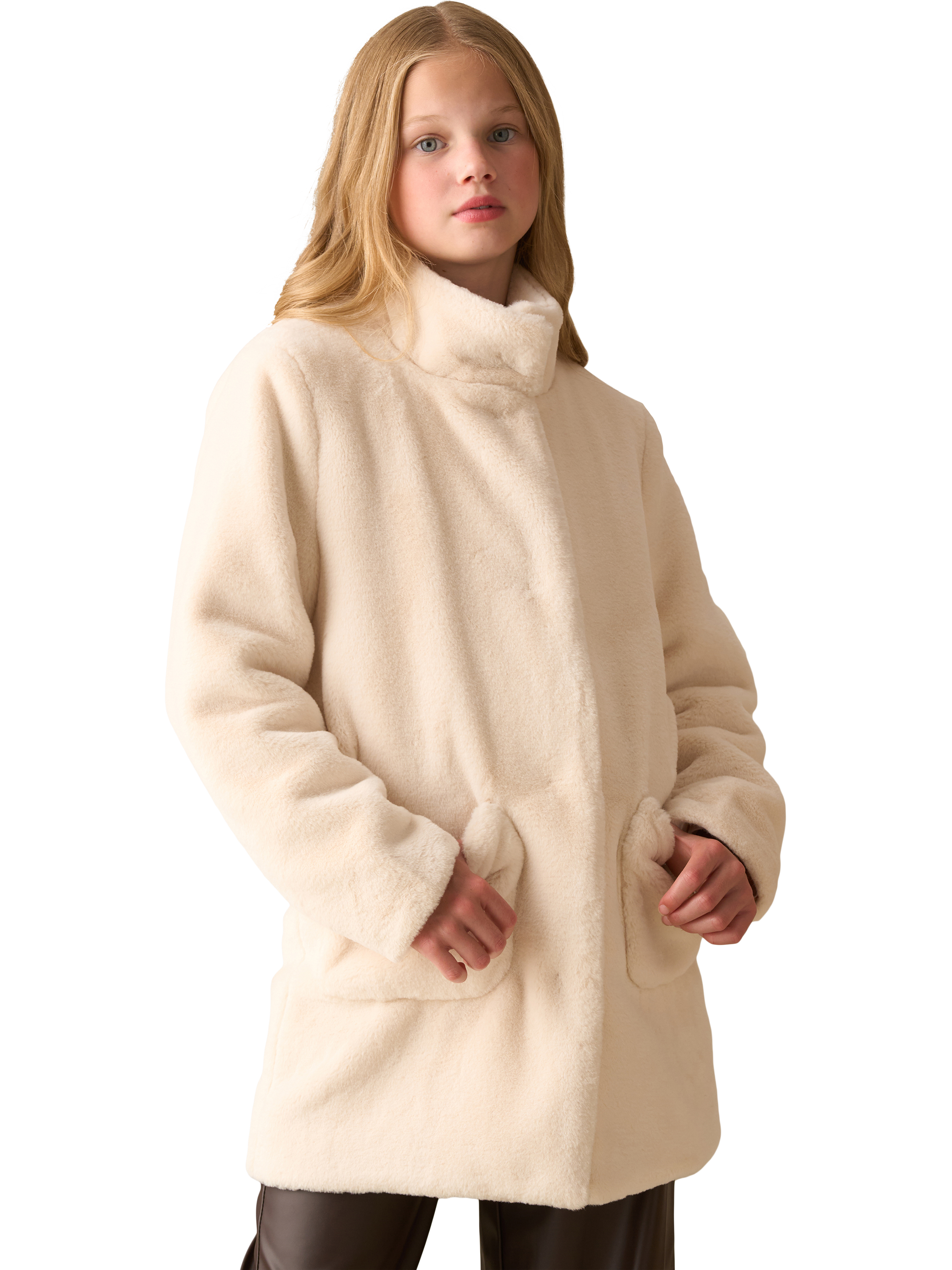 Product image 1 of 8, which shows Angel & Rocket Kids' Long Fur Coat, Cream, 3 years