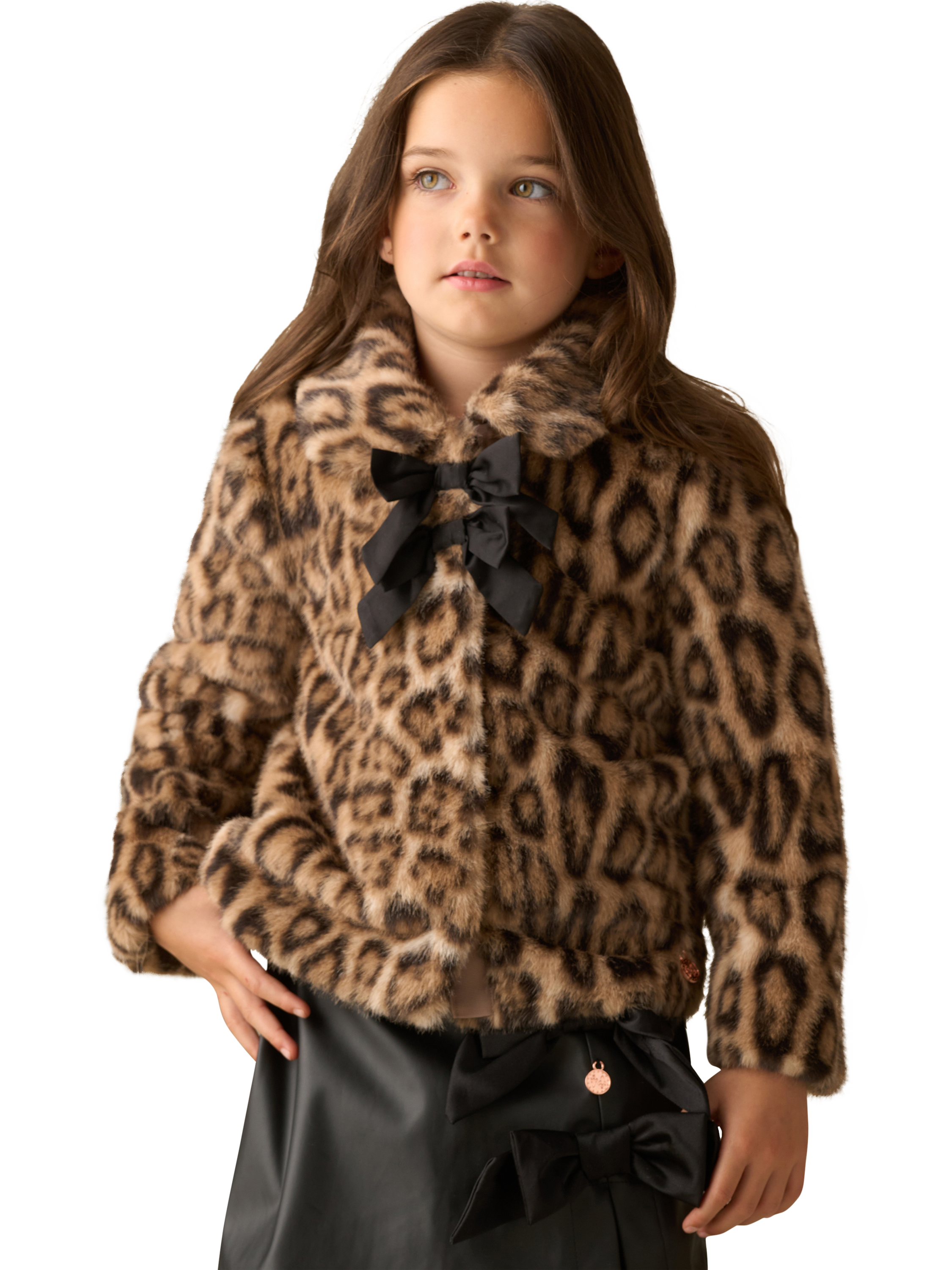 Product image 2 of 8, which shows Angel & Rocket Kids' Leopard Fur Bow Coat, Brown, 1 years