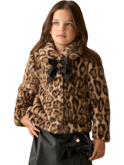 Angel & Rocket Kids' Leopard Fur Bow Coat, Brown - view 2, Brown
