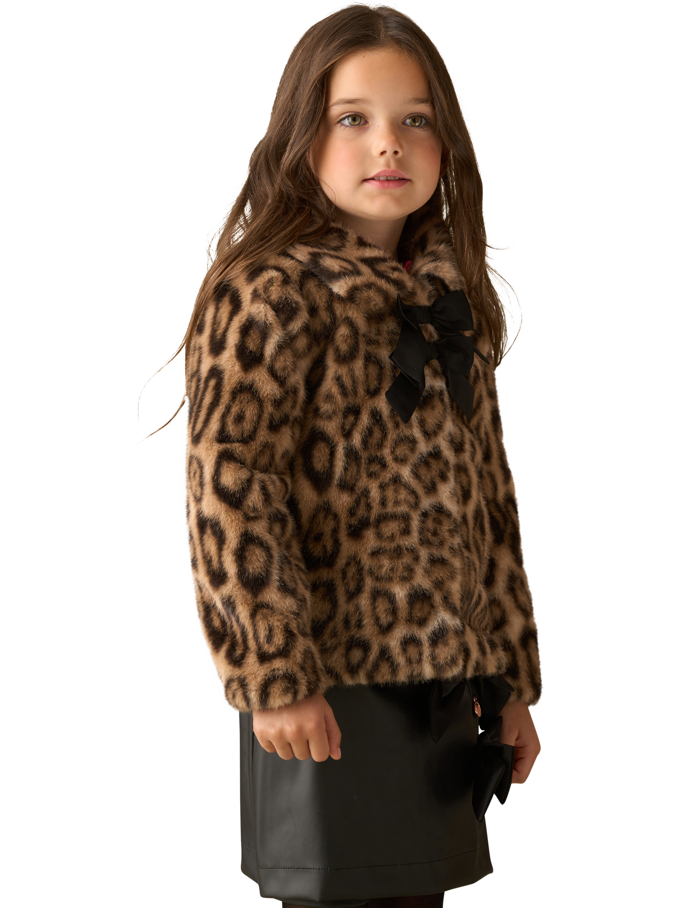 Product image 4 of 8, which shows Angel & Rocket Kids' Leopard Fur Bow Coat, Brown, 1 years