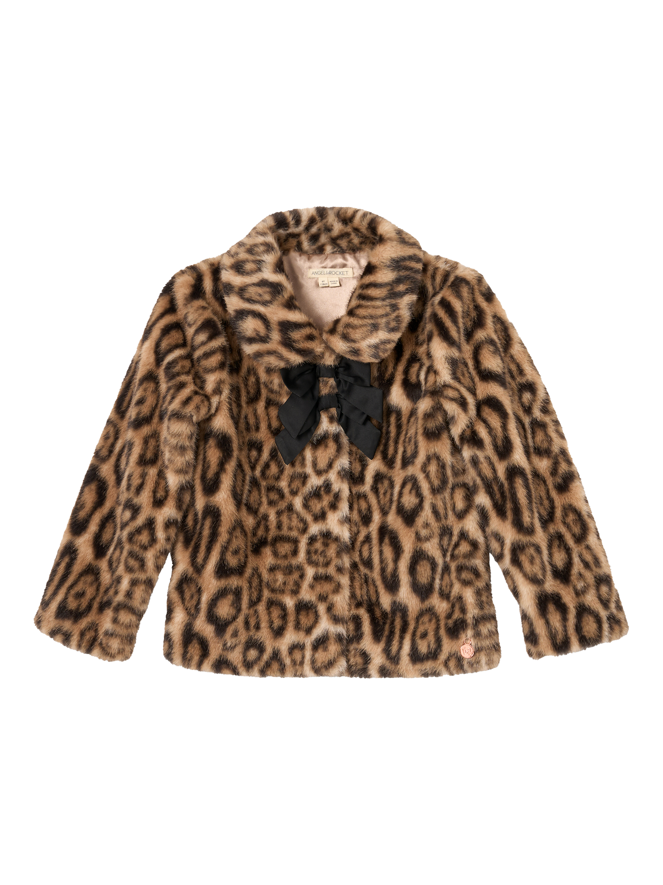 Product image 6 of 8, which shows Angel & Rocket Kids' Leopard Fur Bow Coat, Brown, 1 years