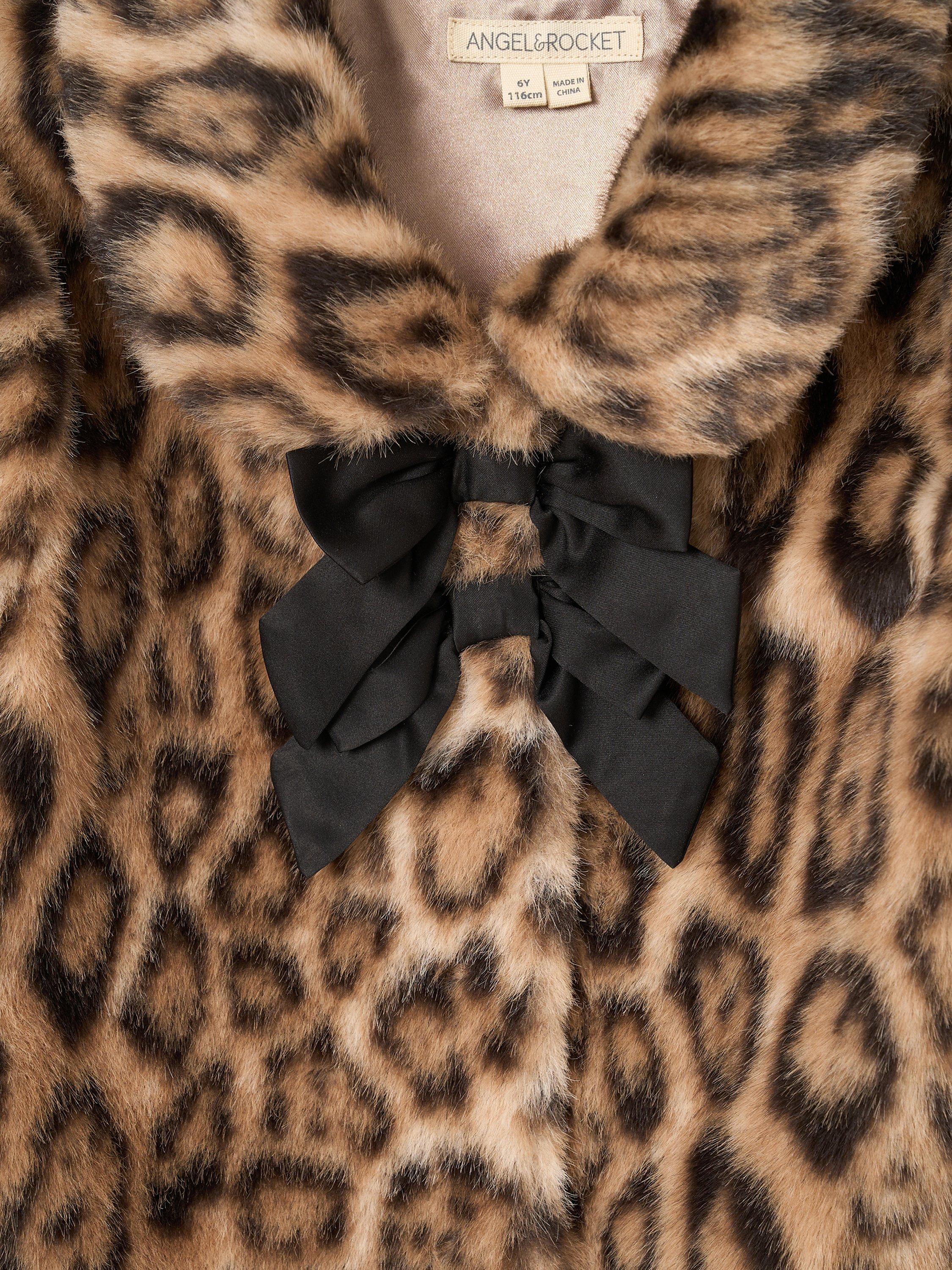 Product image 8 of 8, which shows Angel & Rocket Kids' Leopard Fur Bow Coat, Brown, 1 years