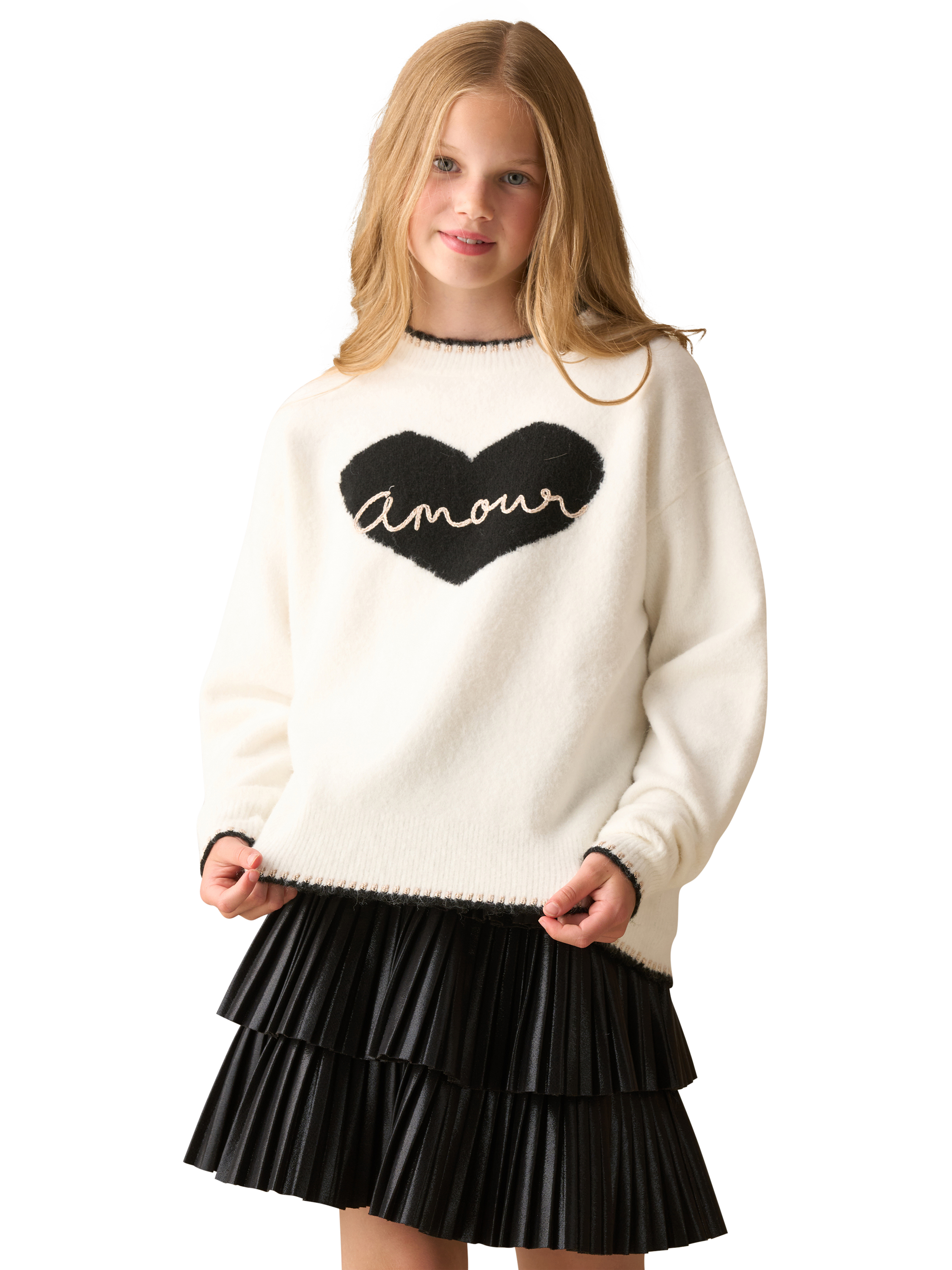 Product image 1 of 4, which shows Angel & Rocket Kids' Amour Heart Jumper, Ivory, 3-4 years