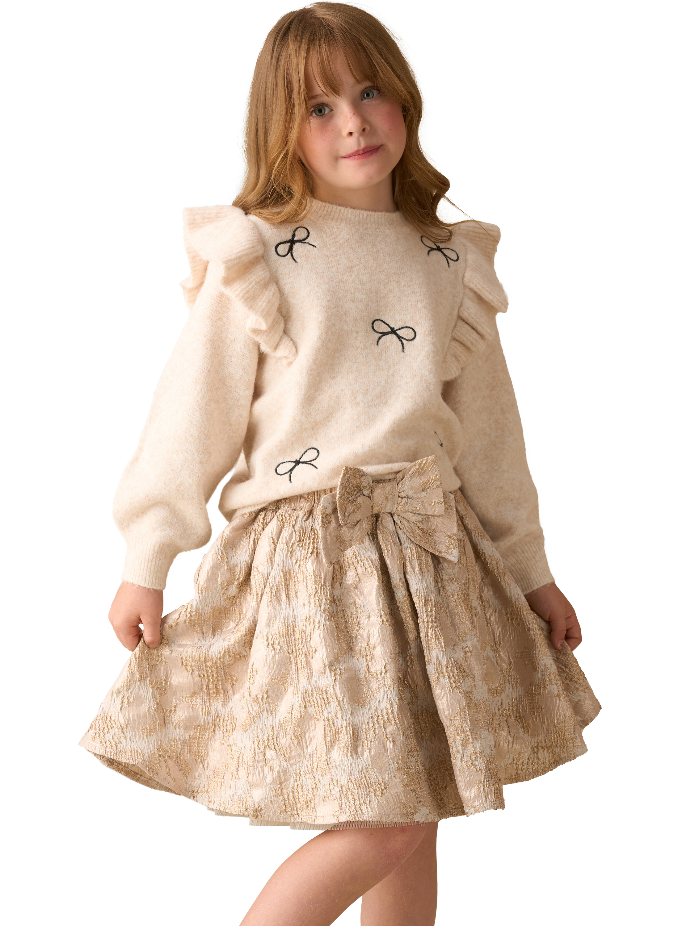 Product image 1 of 6, which shows Angel & Rocket Kids' Embroidered Bow Jumper, Cream, 3-4 years