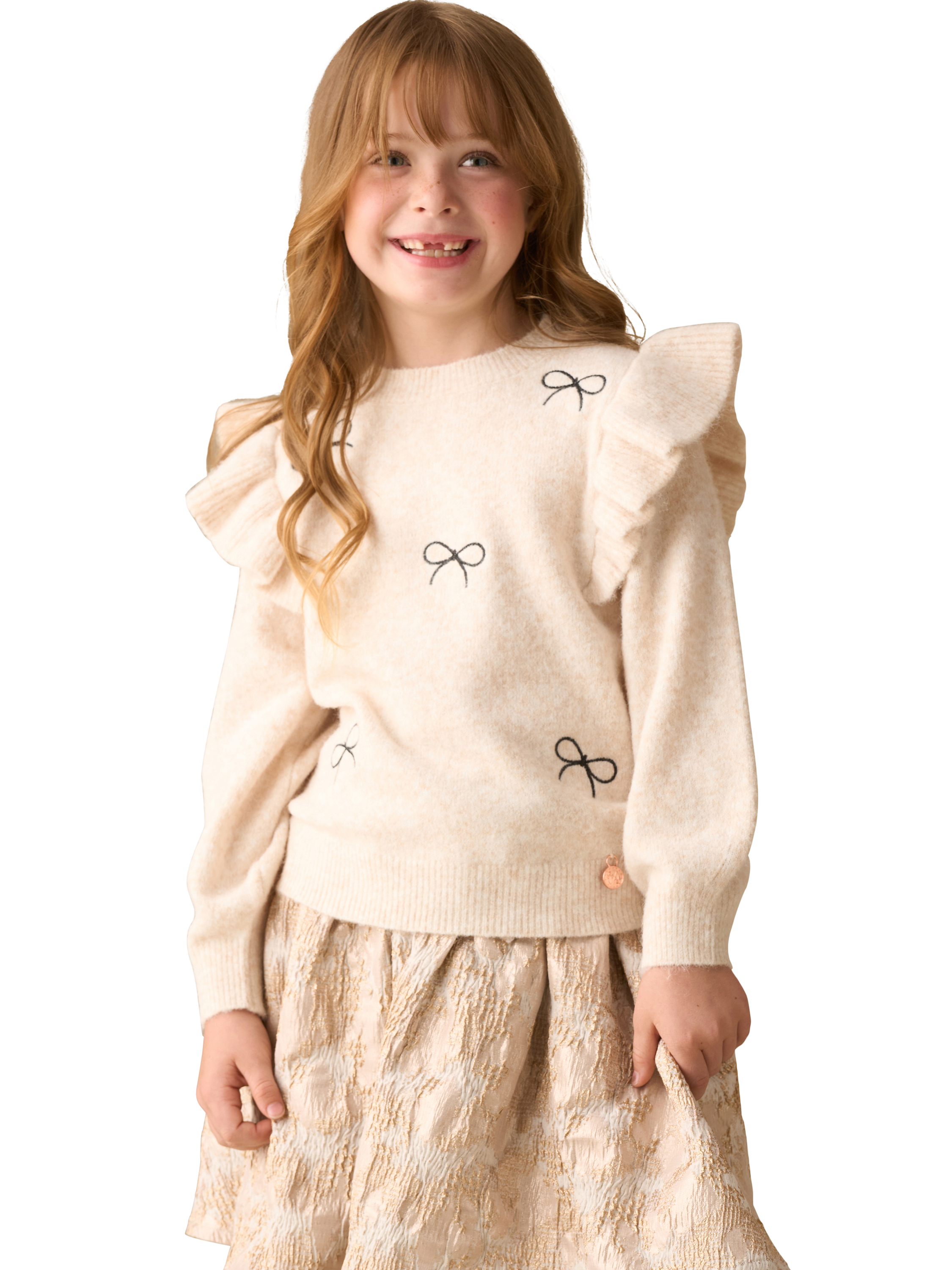 Product image 2 of 6, which shows Angel & Rocket Kids' Embroidered Bow Jumper, Cream, 3-4 years