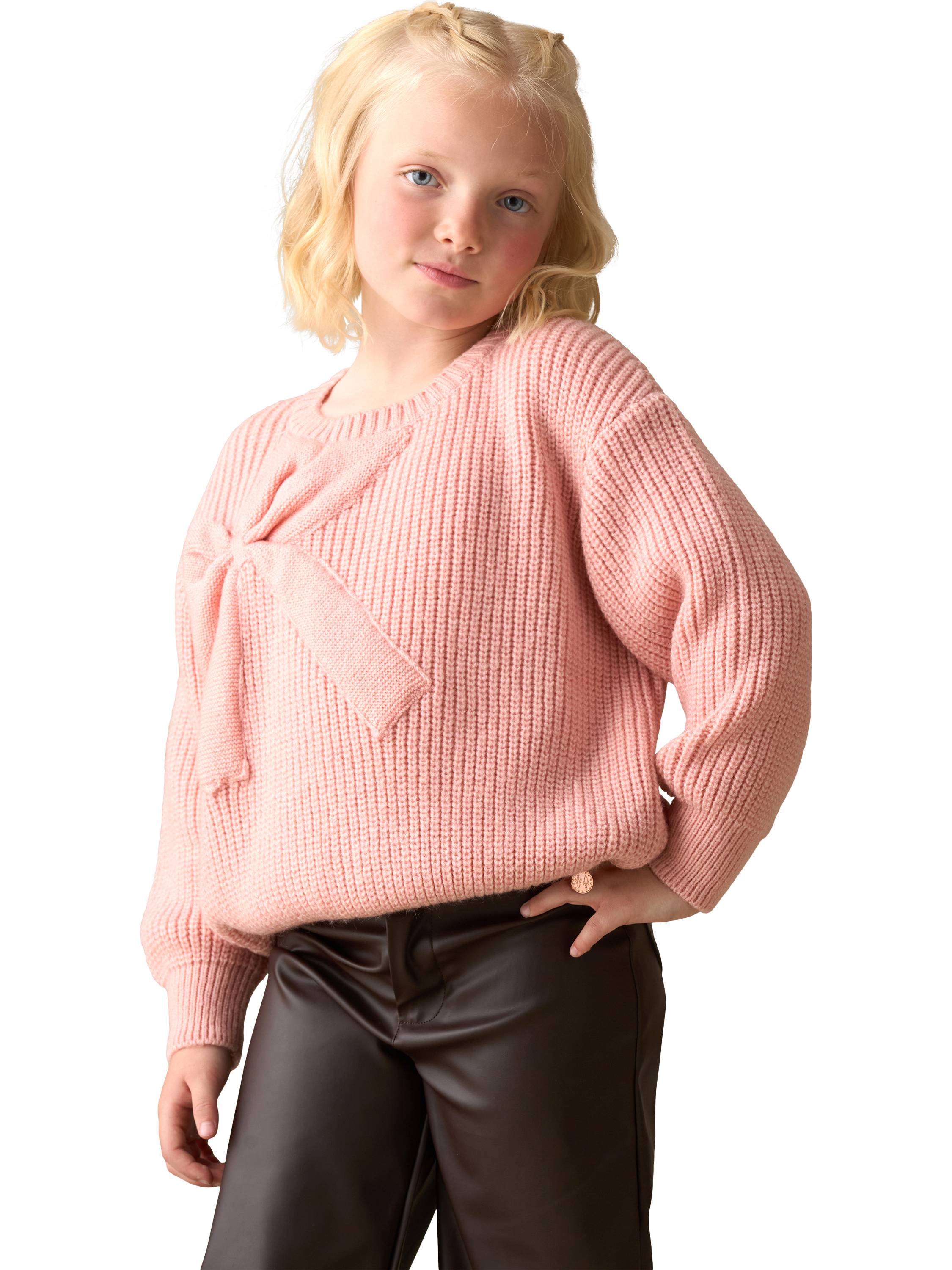 Product image 1 of 8, which shows Angel & Rocket Kids' Arya Knitted Bow Jumper, Pink, 3-4 years