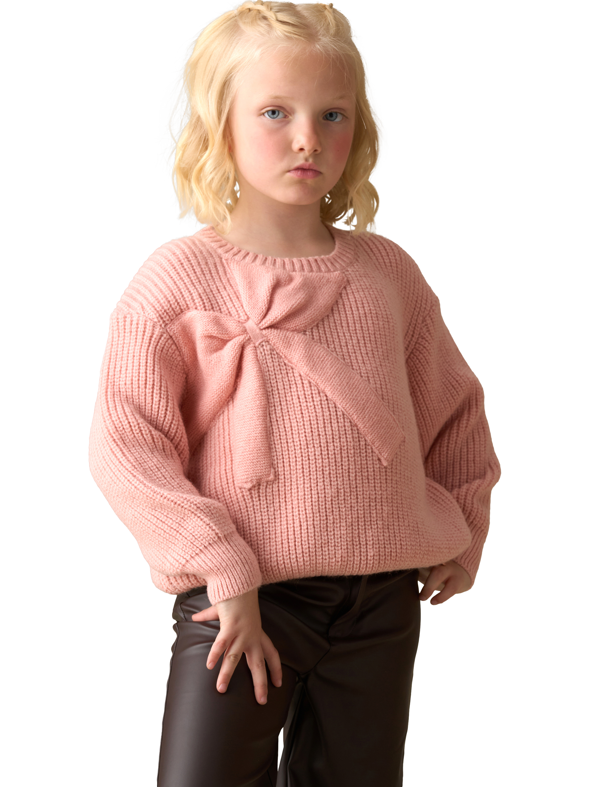 Product image 2 of 8, which shows Angel & Rocket Kids' Arya Knitted Bow Jumper, Pink, 3-4 years