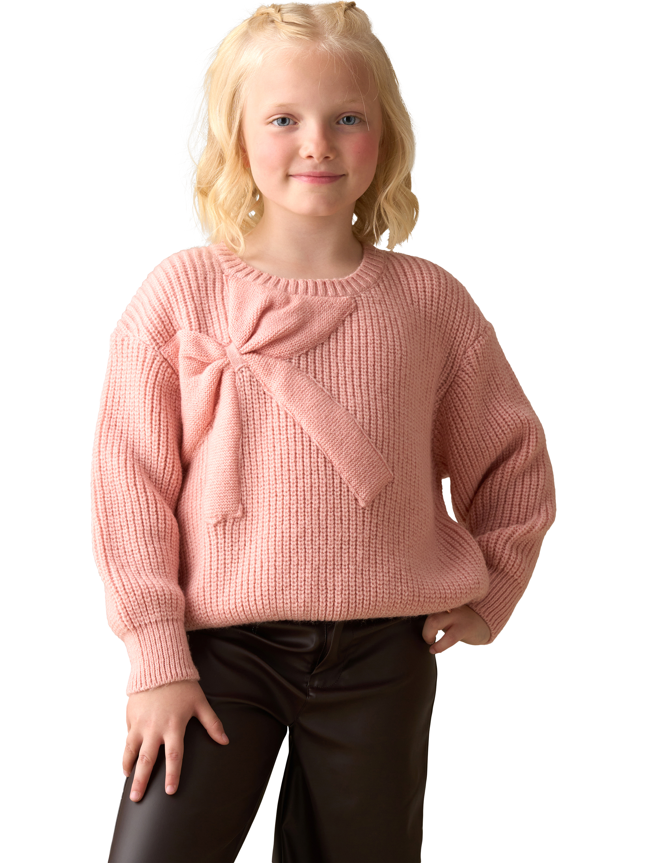 Product image 3 of 8, which shows Angel & Rocket Kids' Arya Knitted Bow Jumper, Pink, 3-4 years