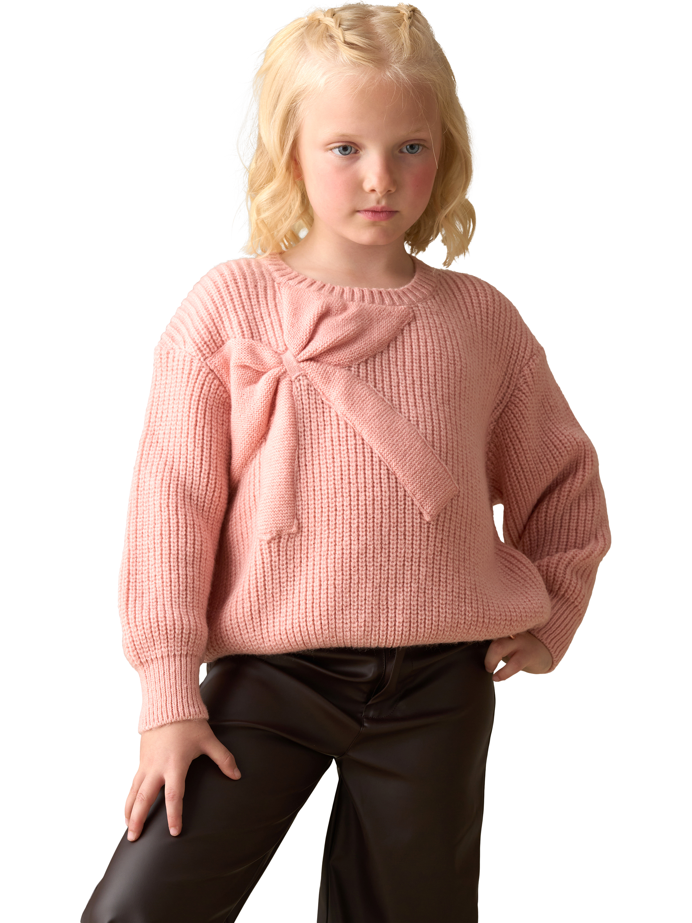 Product image 4 of 8, which shows Angel & Rocket Kids' Arya Knitted Bow Jumper, Pink, 3-4 years