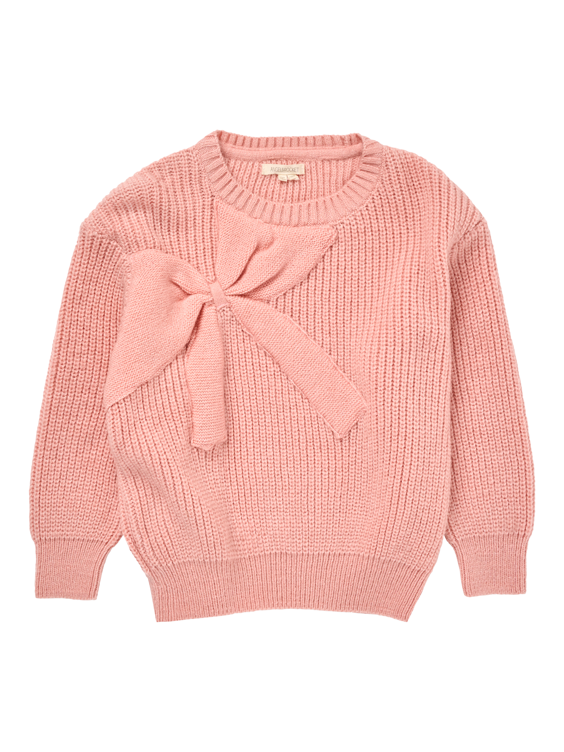 Product image 6 of 8, which shows Angel & Rocket Kids' Arya Knitted Bow Jumper, Pink, 3-4 years