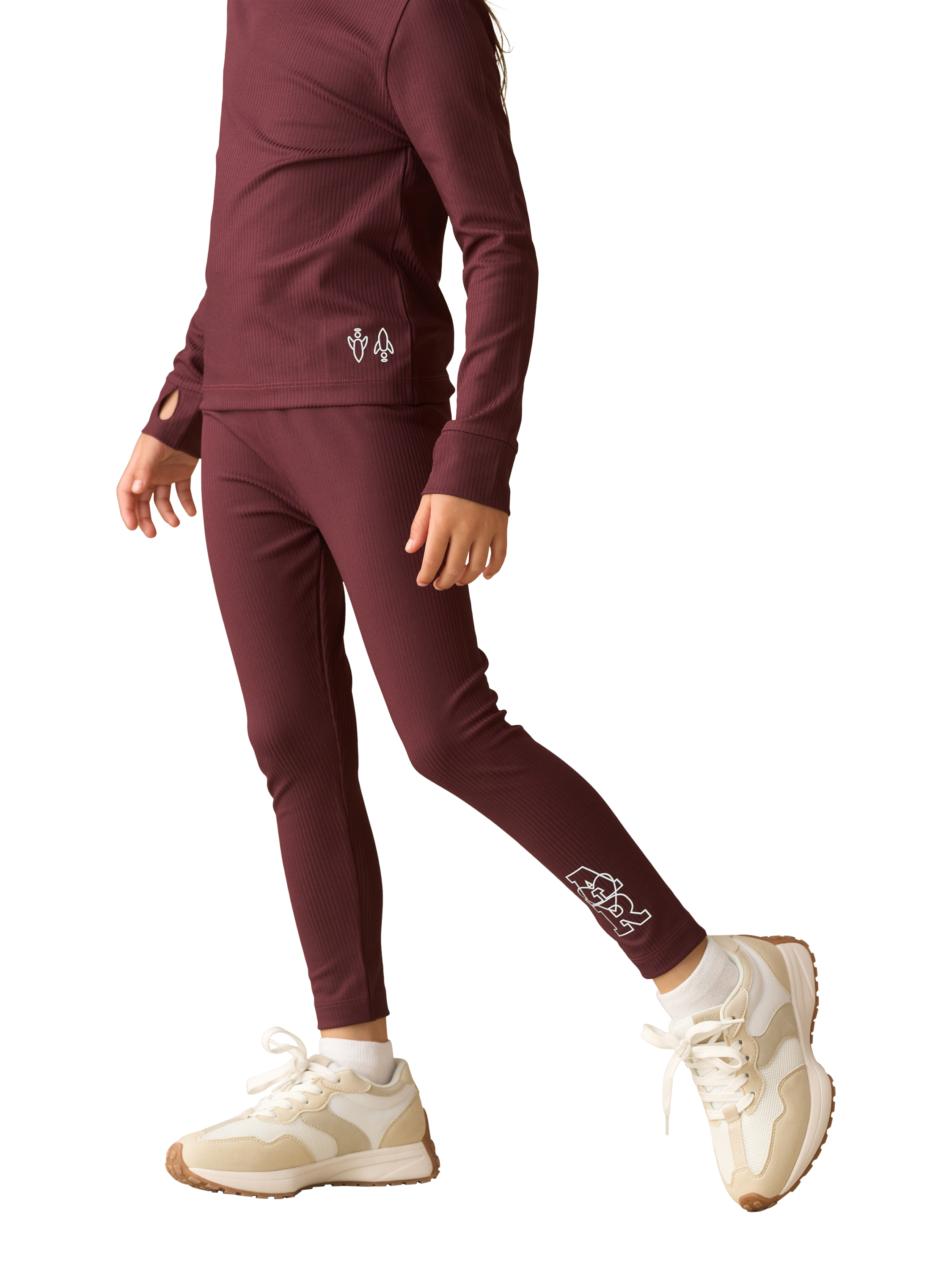 Product image 1 of 6, which shows Angel & Rocket Kids' Ribbed Active Leggings, Burgundy, 3 years