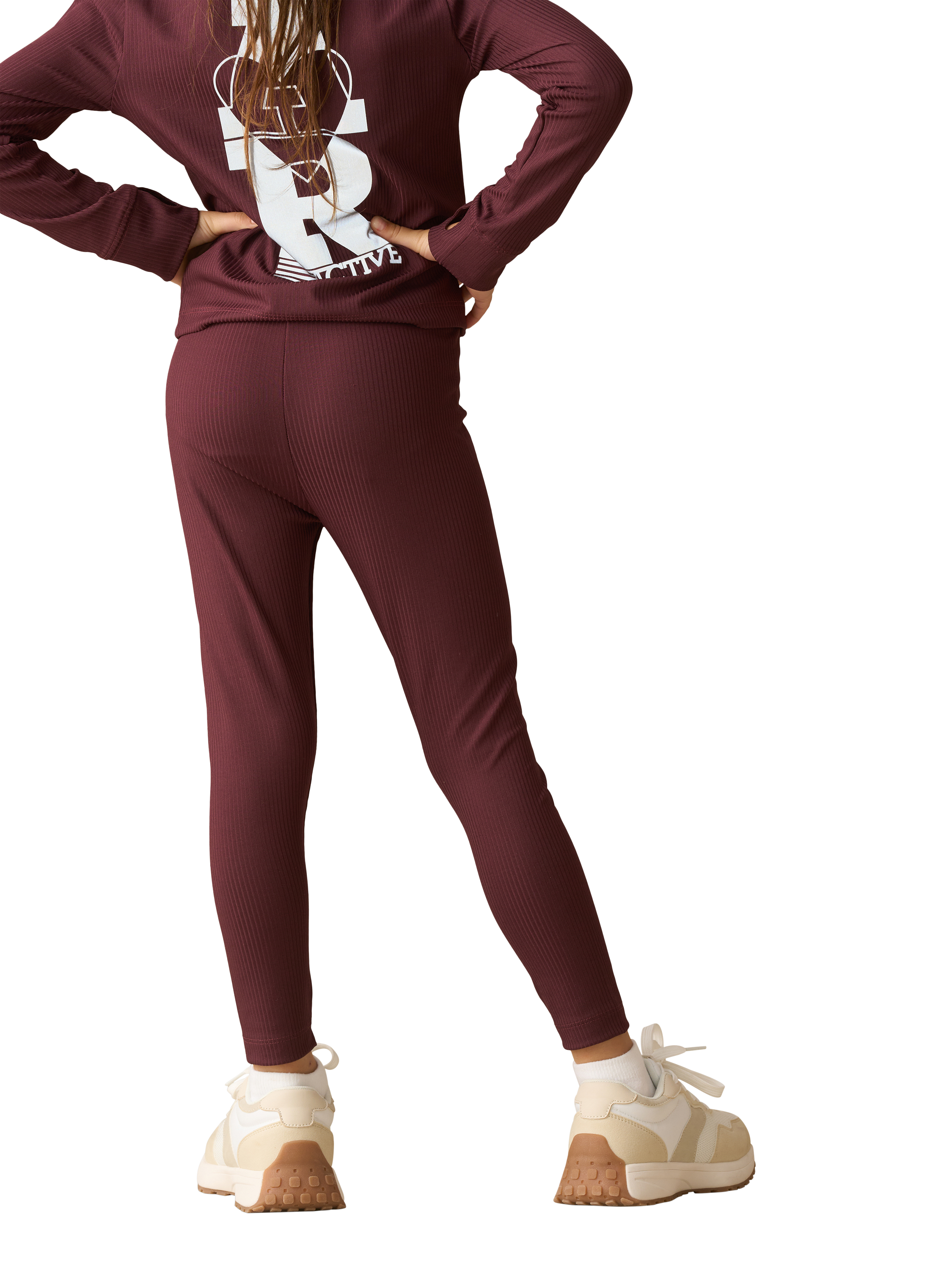 Product image 3 of 6, which shows Angel & Rocket Kids' Ribbed Active Leggings, Burgundy, 3 years