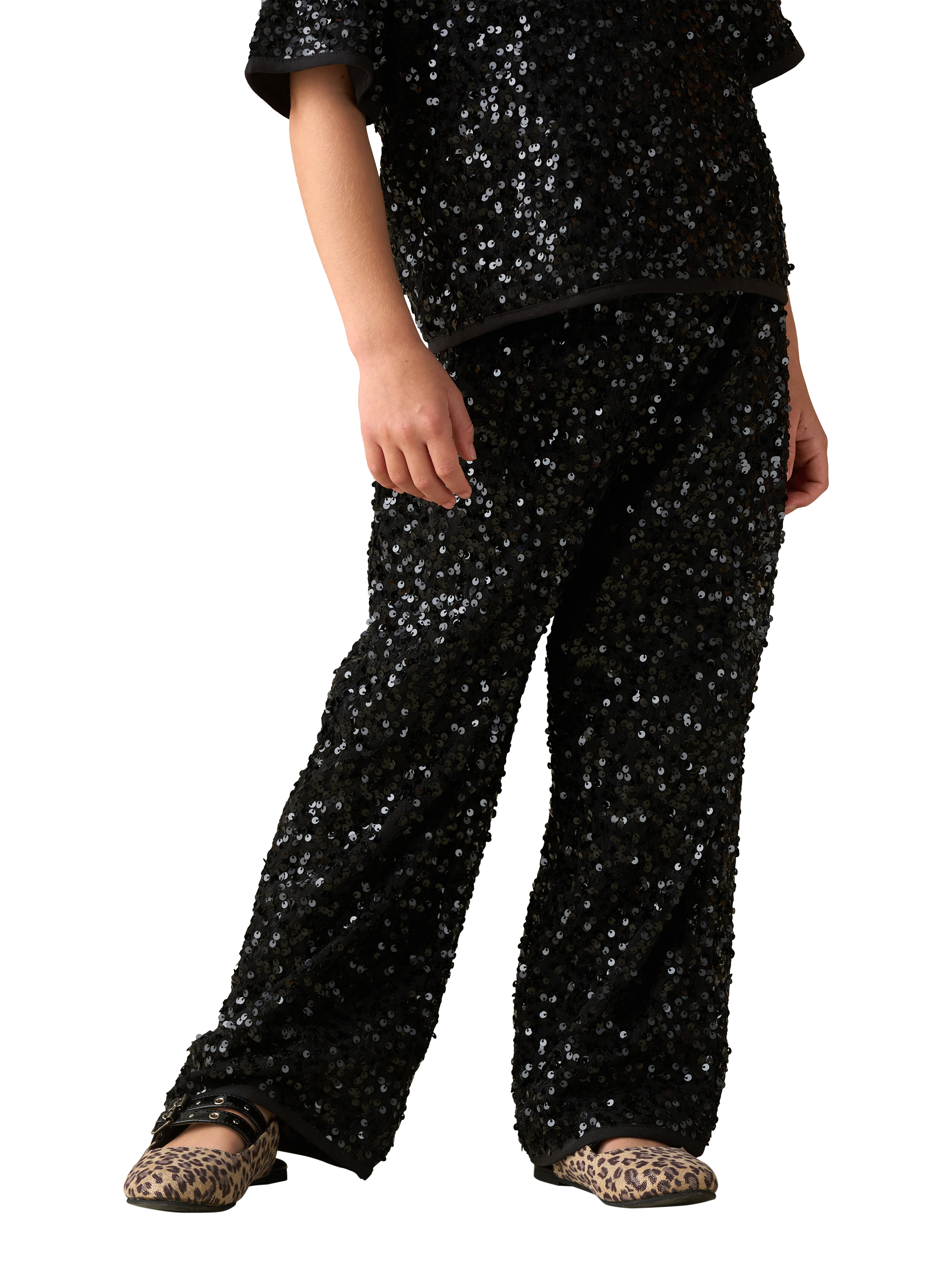 Product image 1 of 3, which shows Angel & Rocket Kids' Velvet Sequin Trousers, Black, 3 years