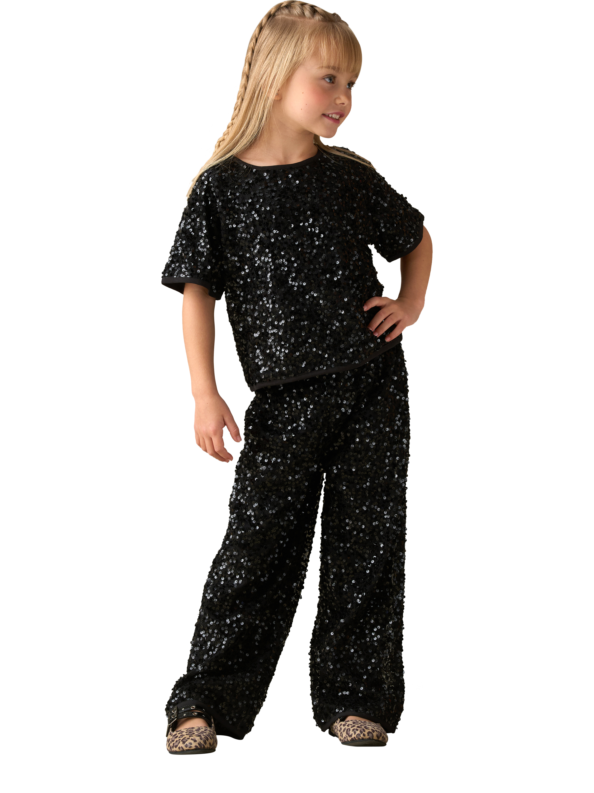 Product image 2 of 3, which shows Angel & Rocket Kids' Velvet Sequin Trousers, Black, 3 years
