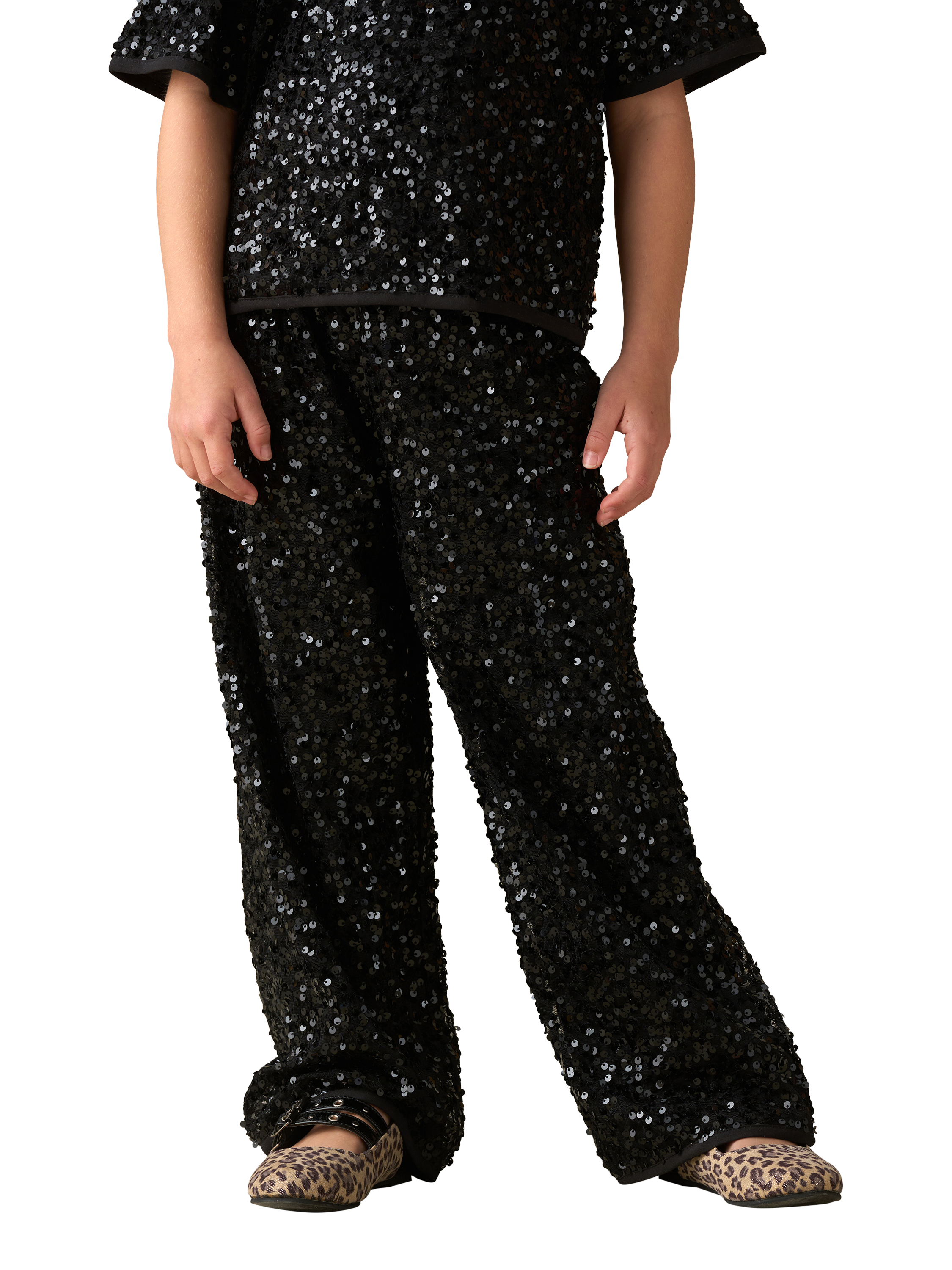 Product image 3 of 3, which shows Angel & Rocket Kids' Velvet Sequin Trousers, Black, 3 years