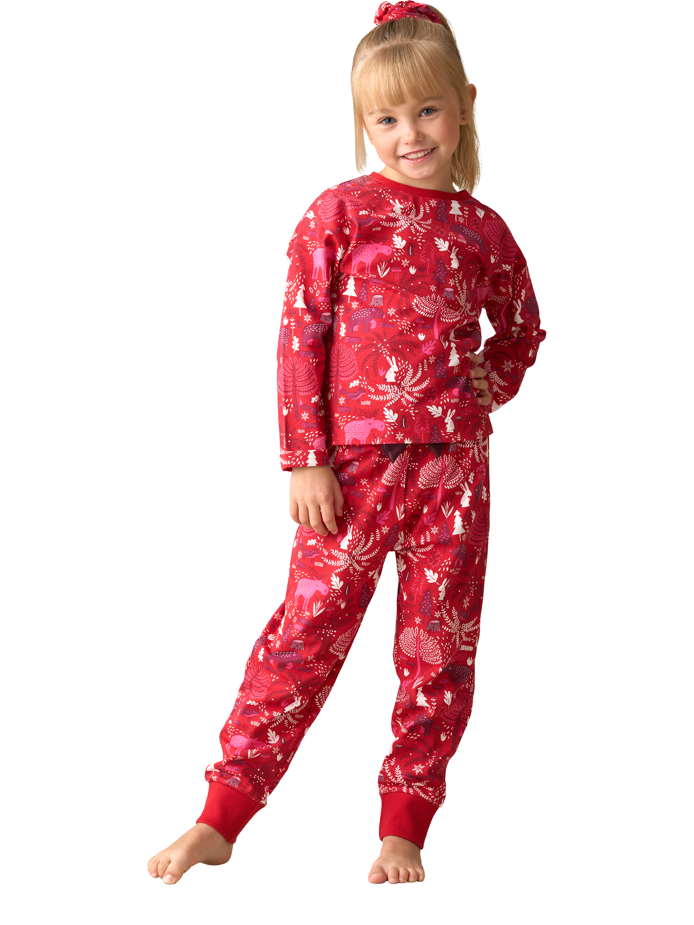 Product image 1 of 9, which shows Angel & Rocket Kids' Cotton Blend Scandi Print Pyjamas, Red, 3 years