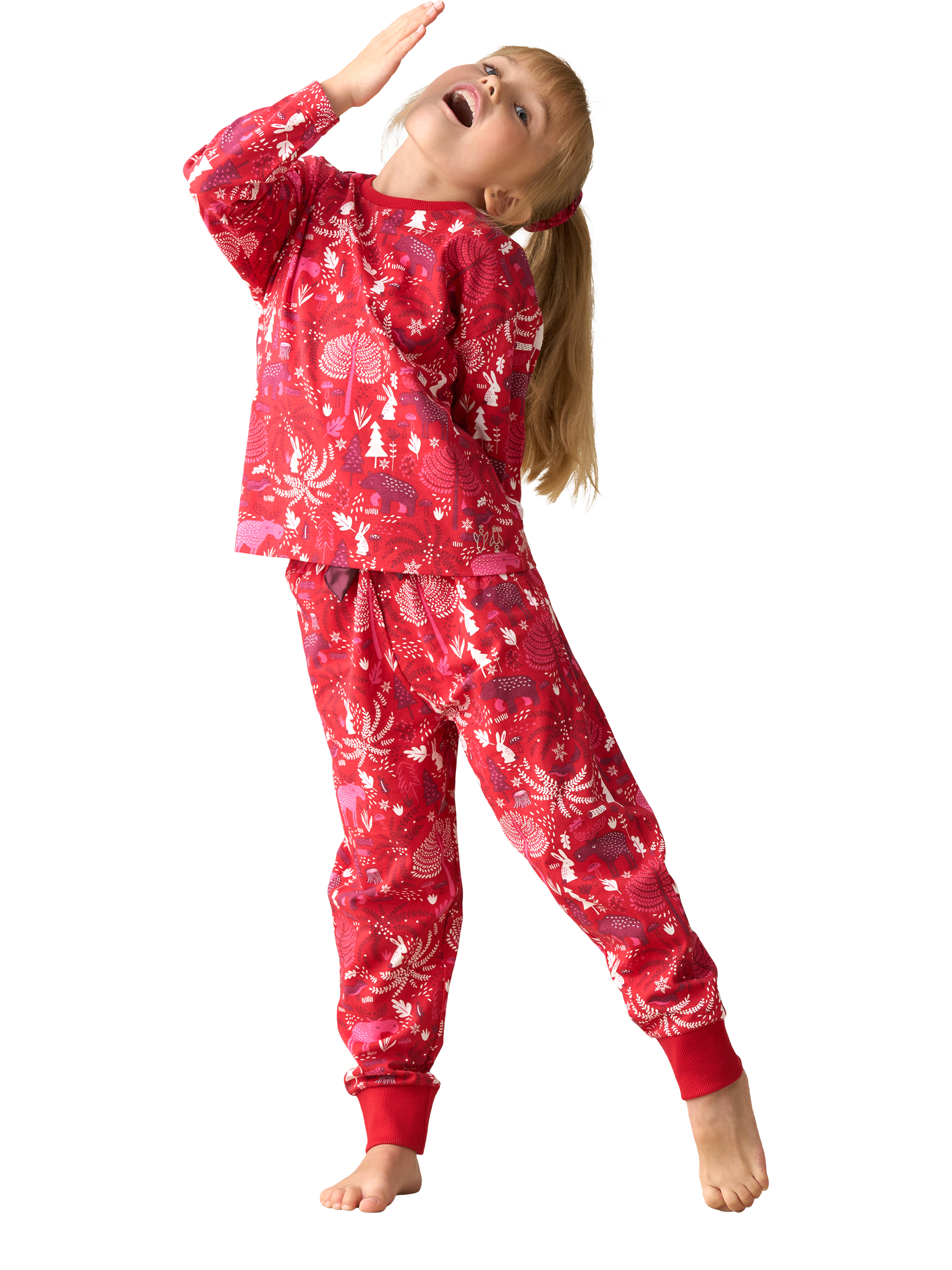 Product image 2 of 9, which shows Angel & Rocket Kids' Cotton Blend Scandi Print Pyjamas, Red, 3 years