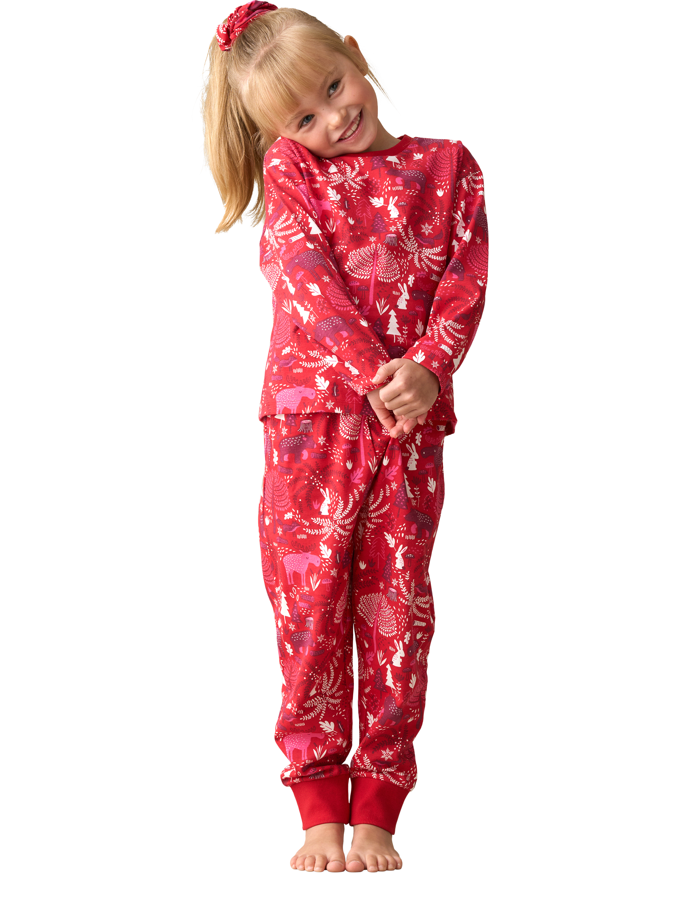 Product image 5 of 9, which shows Angel & Rocket Kids' Cotton Blend Scandi Print Pyjamas, Red, 3 years