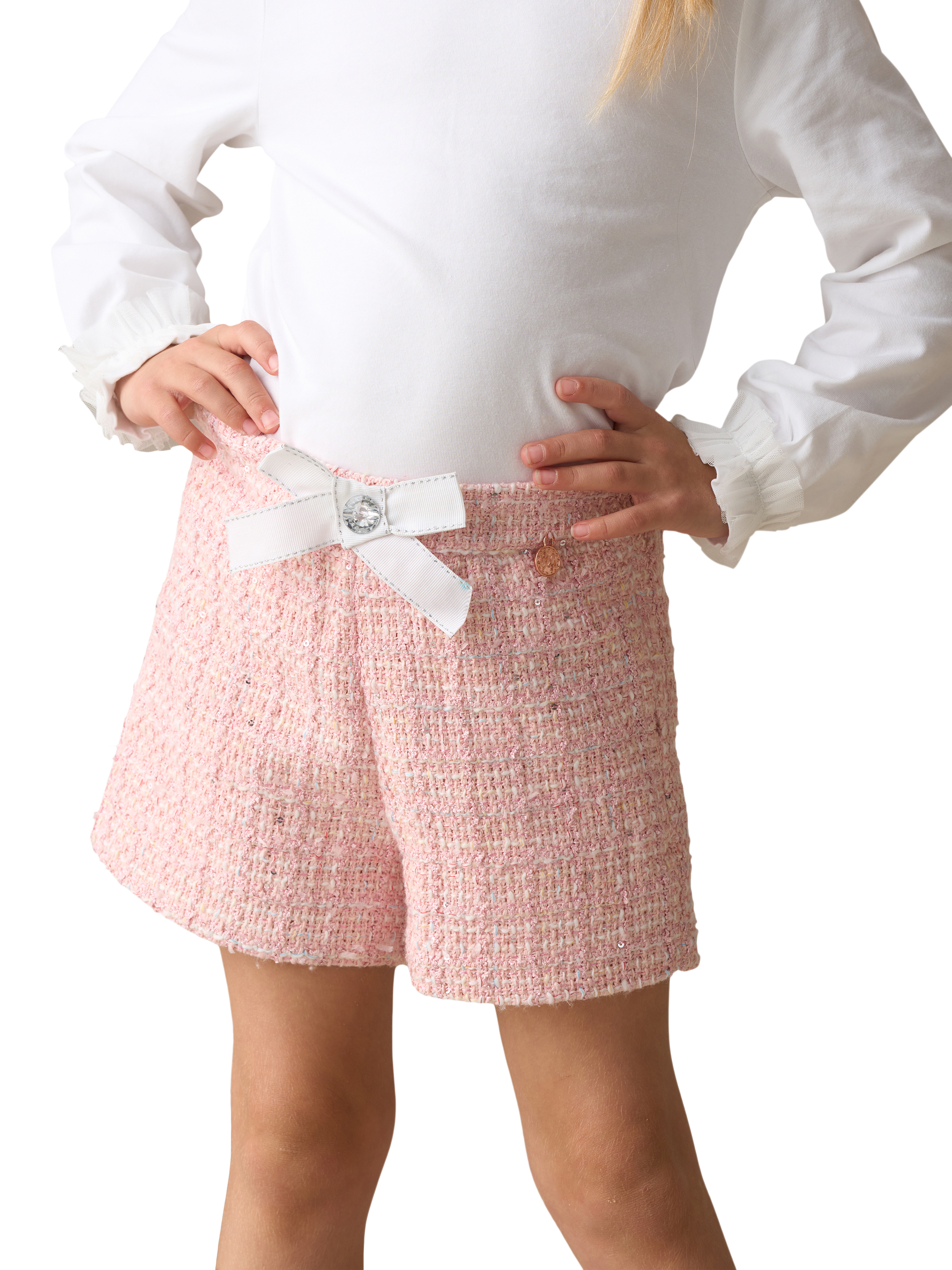 Product image 1 of 3, which shows Angel & Rocket Kids' Cotton Blend Tweed Shorts, Pink, 3 years