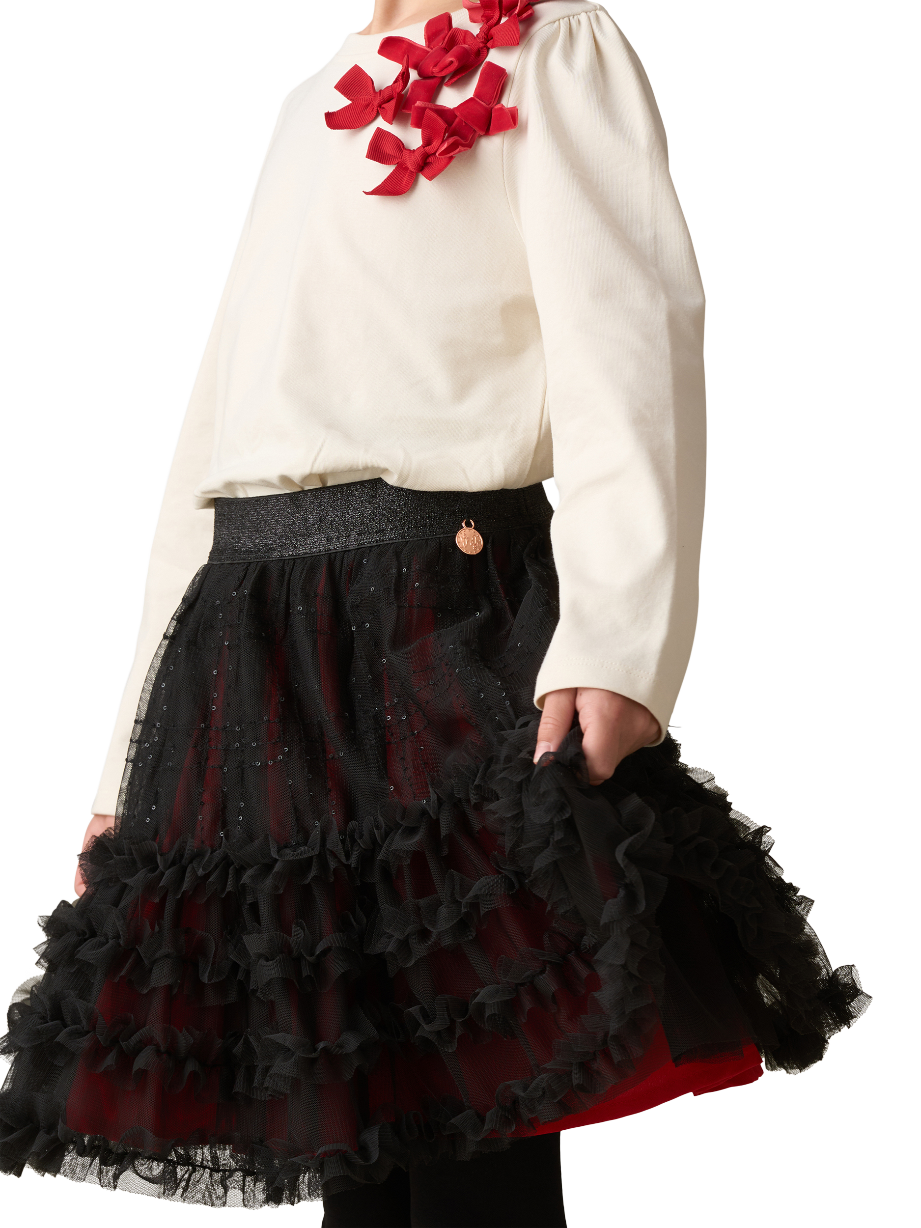 Product image 1 of 11, which shows Angel & Rocket Kids' Mesh Sequin Tartan Skirt, Red, 3 years