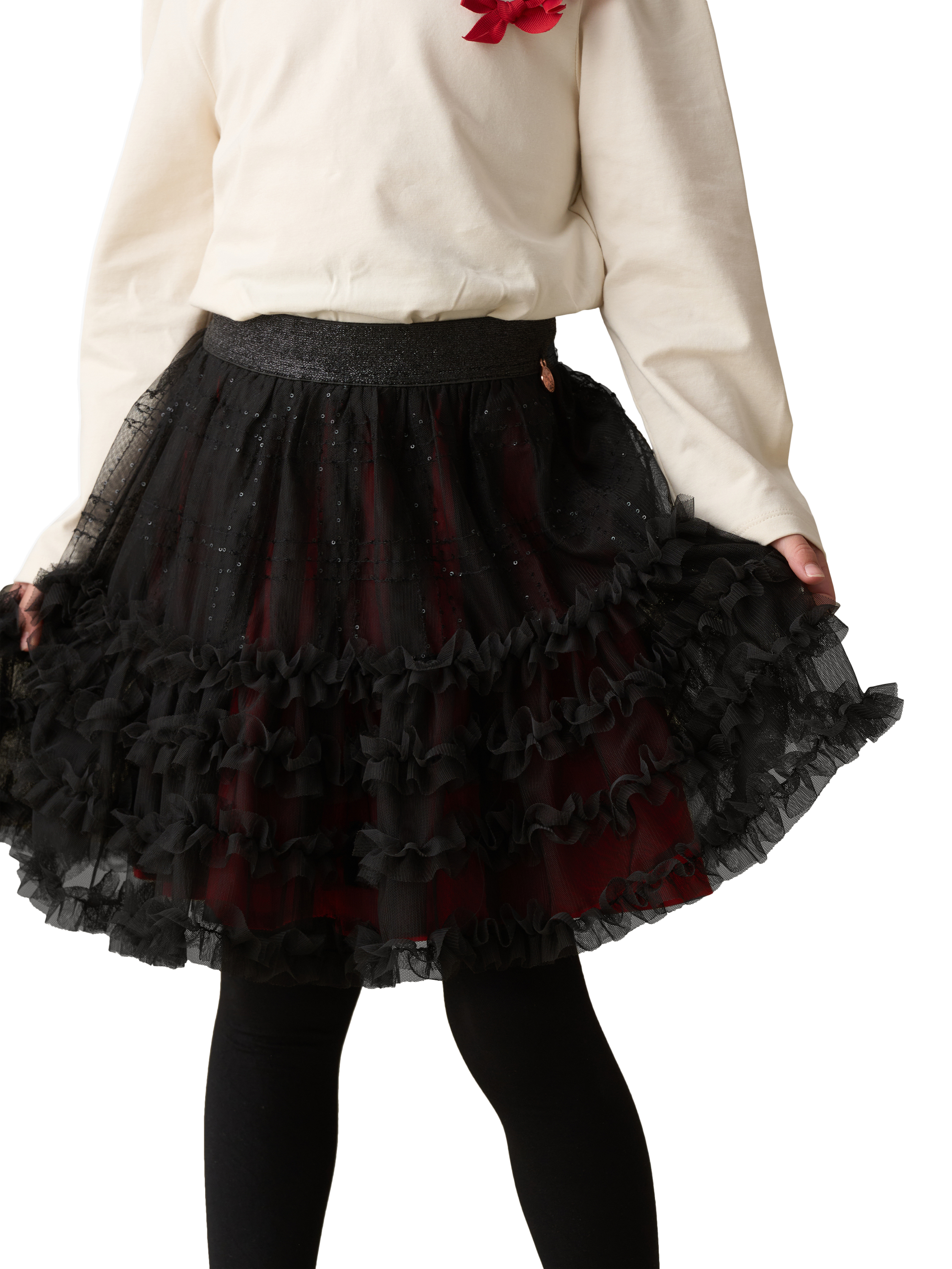 Product image 3 of 11, which shows Angel & Rocket Kids' Mesh Sequin Tartan Skirt, Red, 3 years