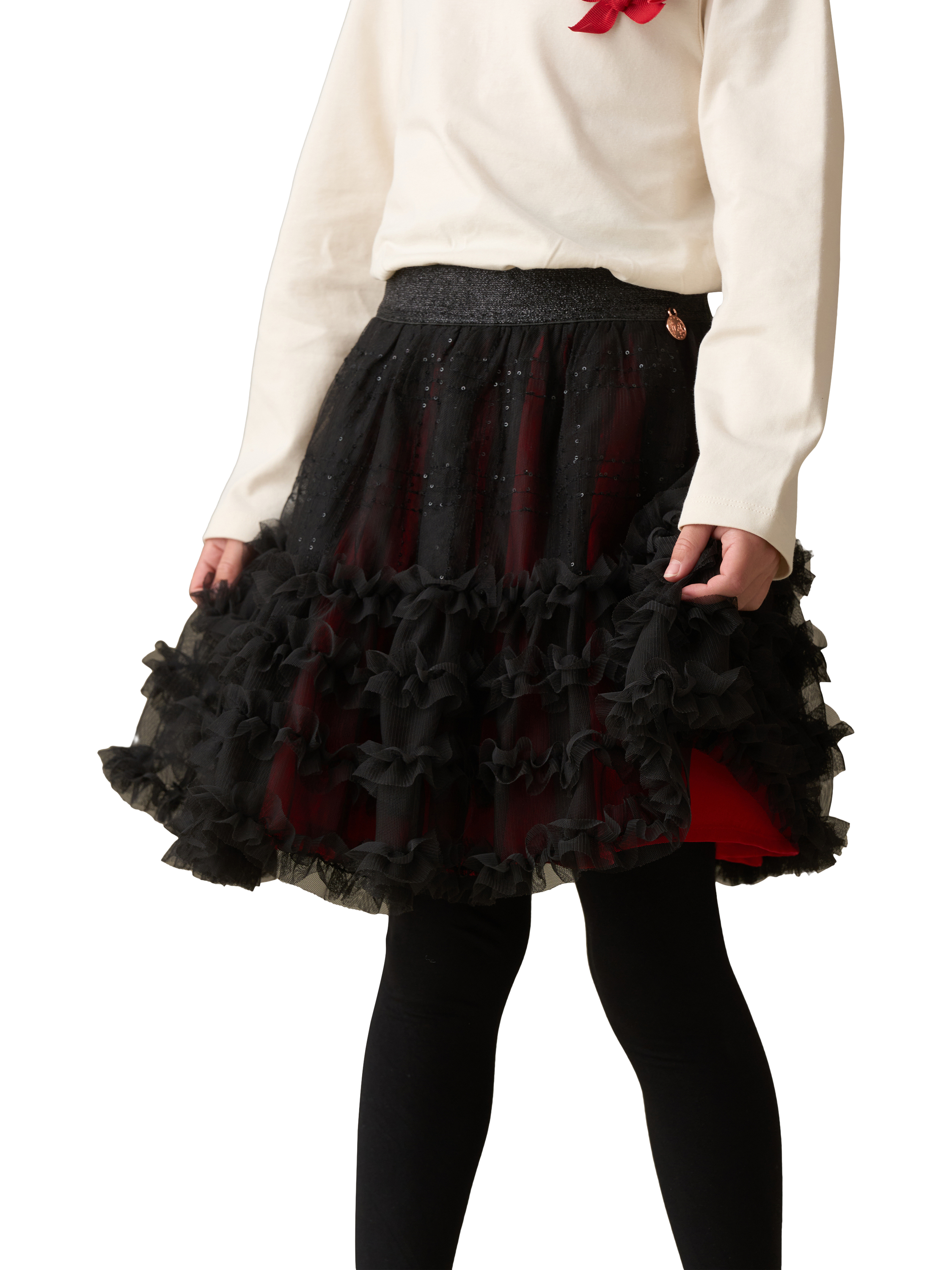 Product image 4 of 11, which shows Angel & Rocket Kids' Mesh Sequin Tartan Skirt, Red, 3 years