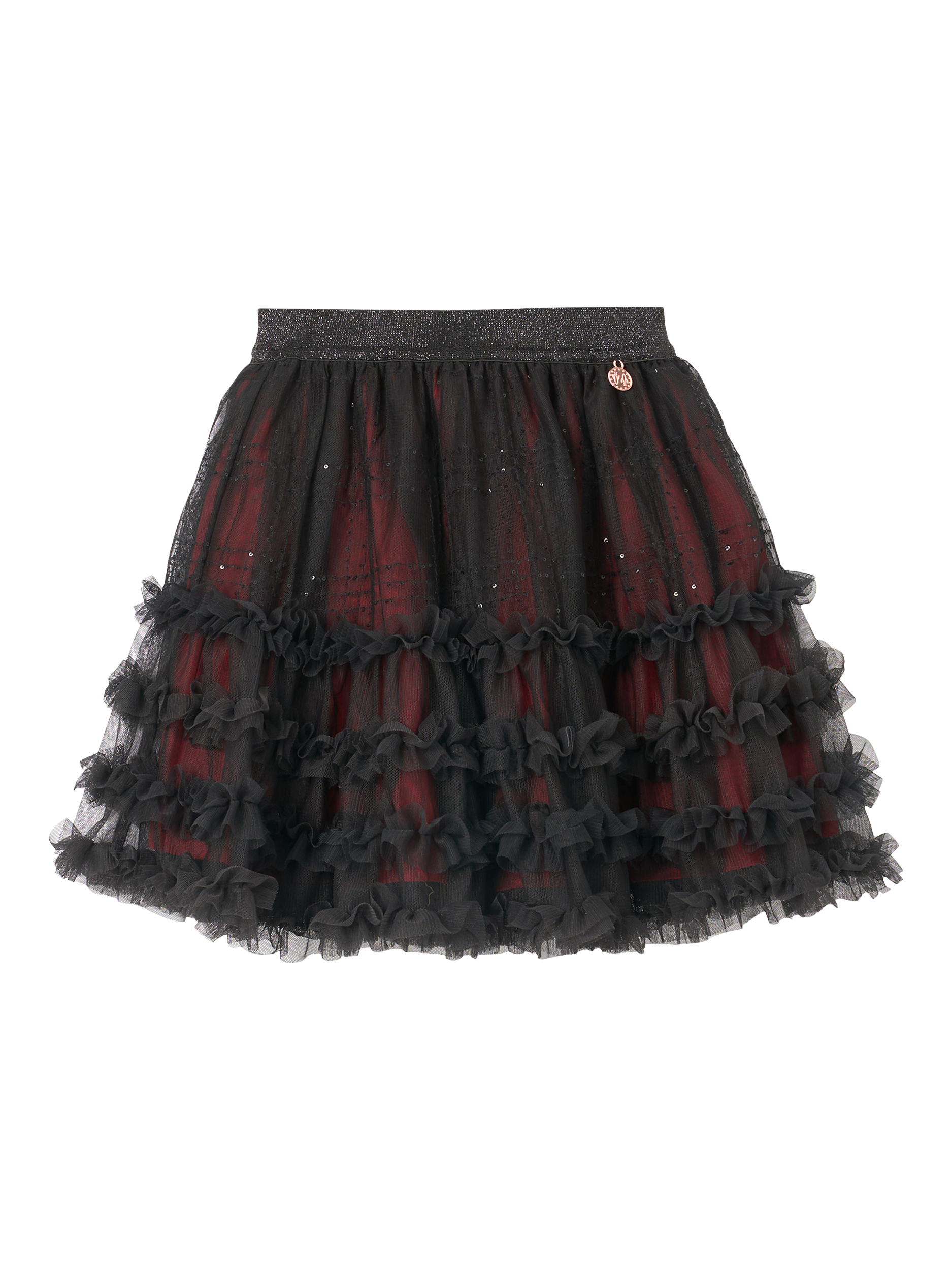 Product image 6 of 11, which shows Angel & Rocket Kids' Mesh Sequin Tartan Skirt, Red, 3 years