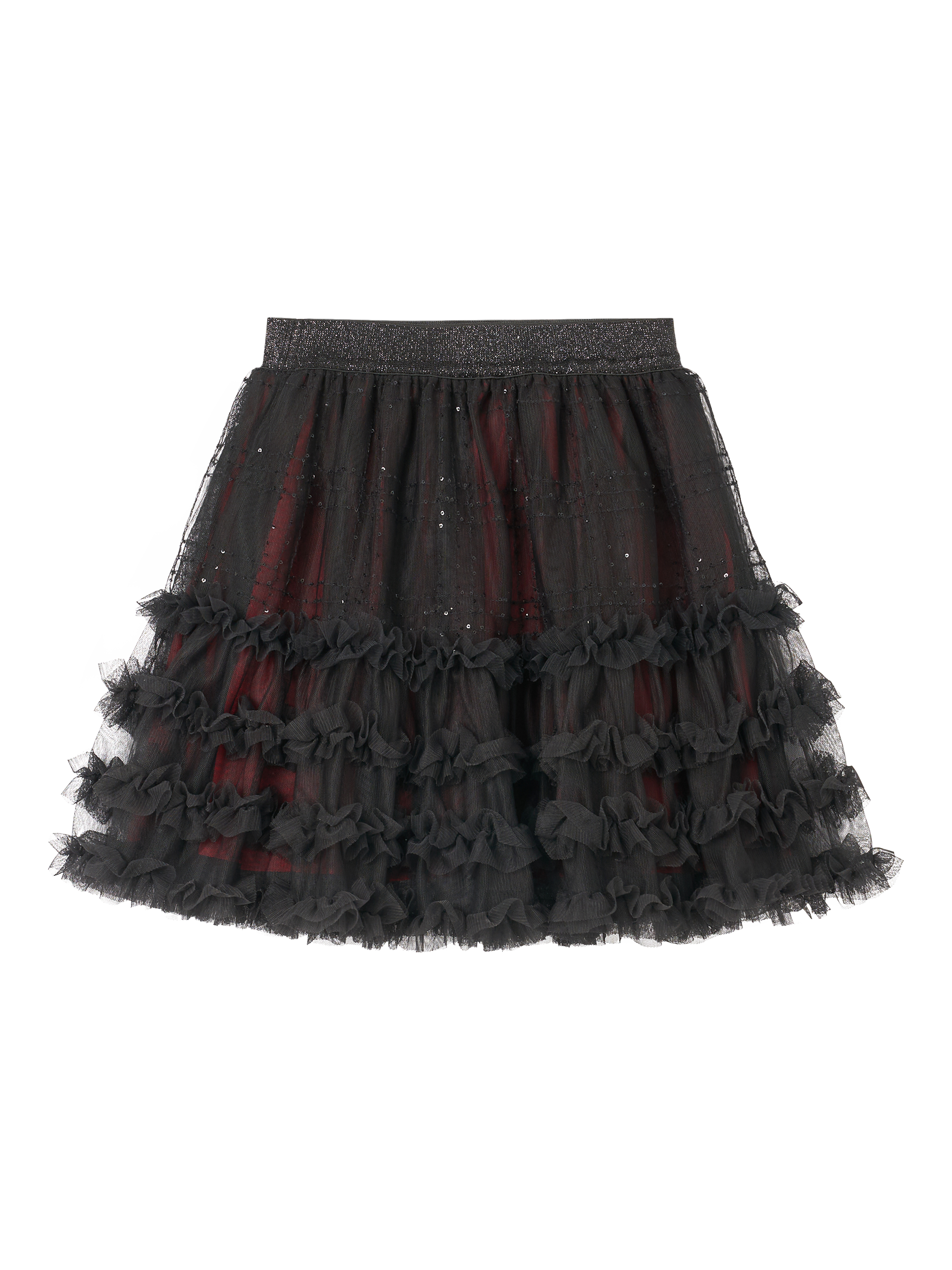 Product image 7 of 11, which shows Angel & Rocket Kids' Mesh Sequin Tartan Skirt, Red, 3 years