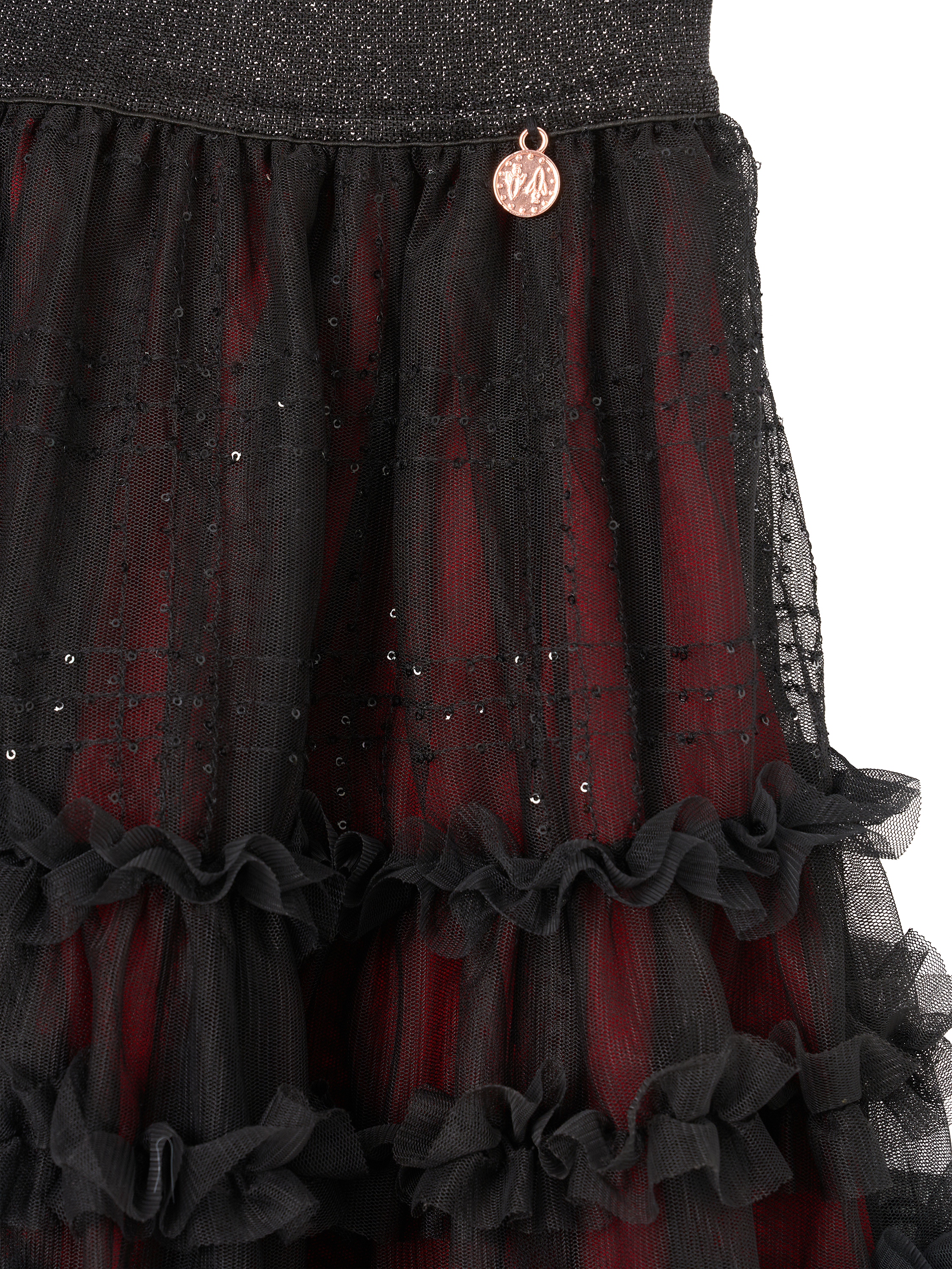 Product image 8 of 11, which shows Angel & Rocket Kids' Mesh Sequin Tartan Skirt, Red, 3 years