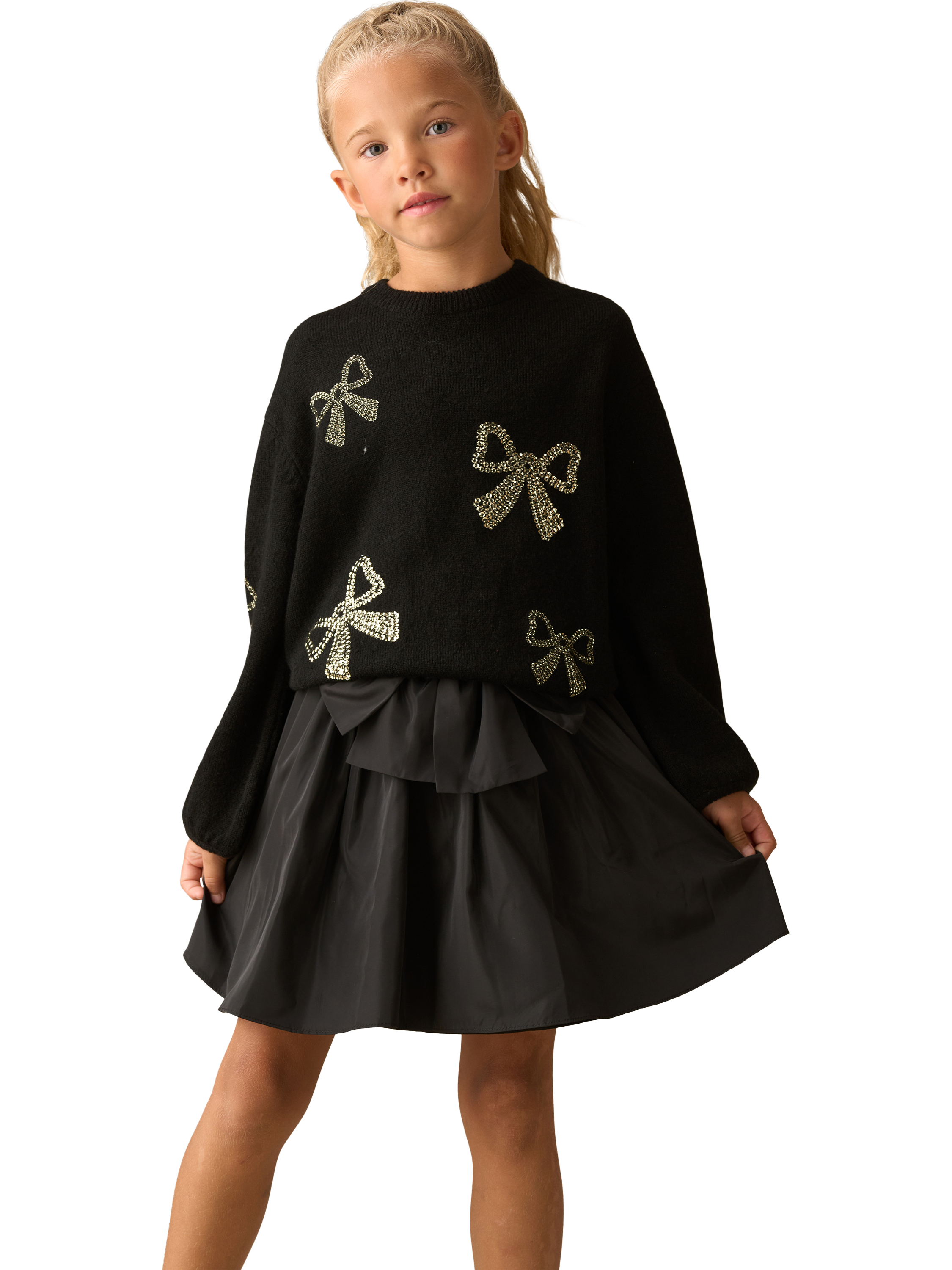 Product image 3 of 3, which shows Angel & Rocket Kids' Tafetta Bow Skirt, Black, 3 years