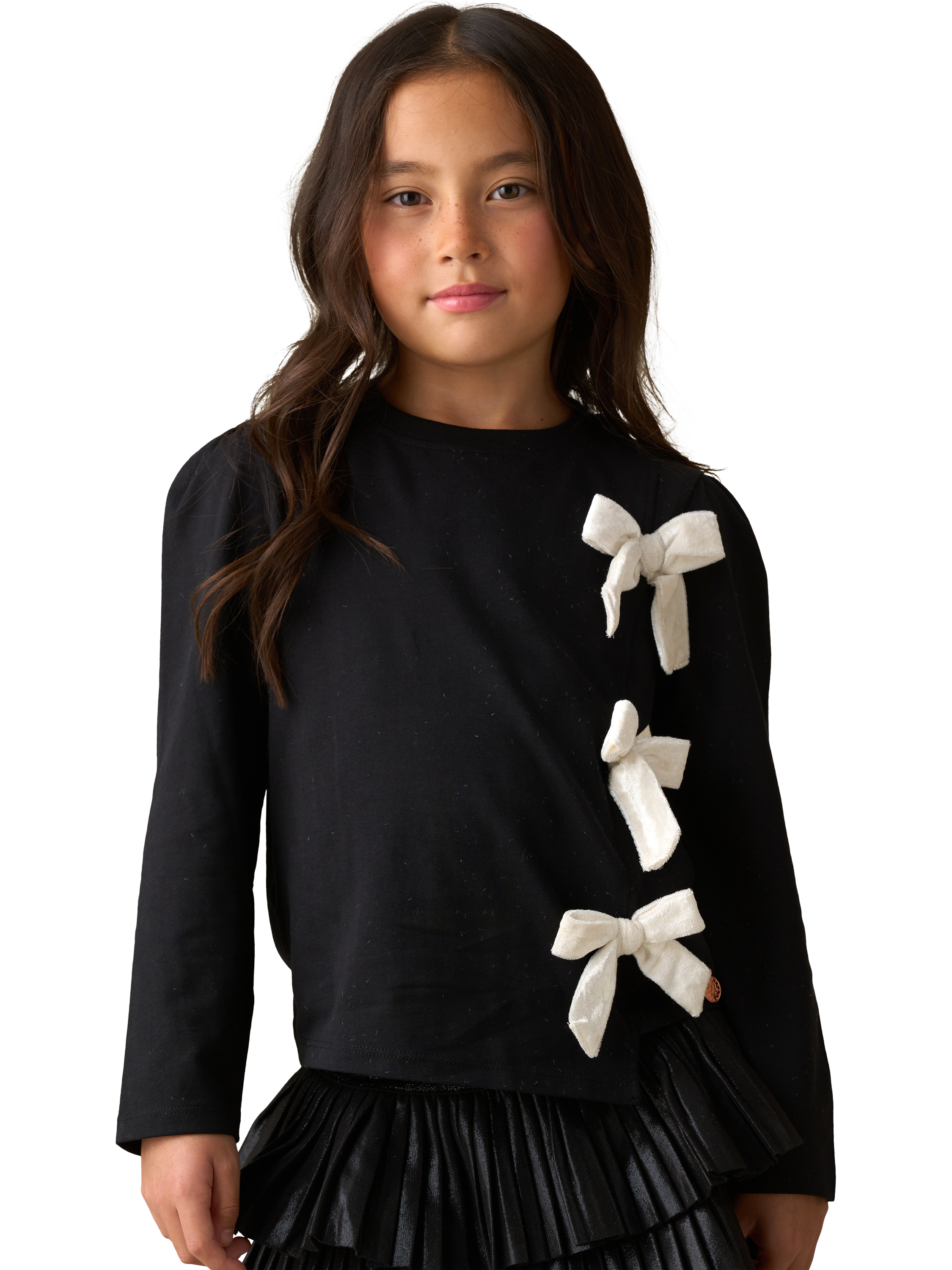 Product image 1 of 7, which shows Angel & Rocket  Kids' Cotton Blend Asymmetric Bow Top, Black, 3-4 years