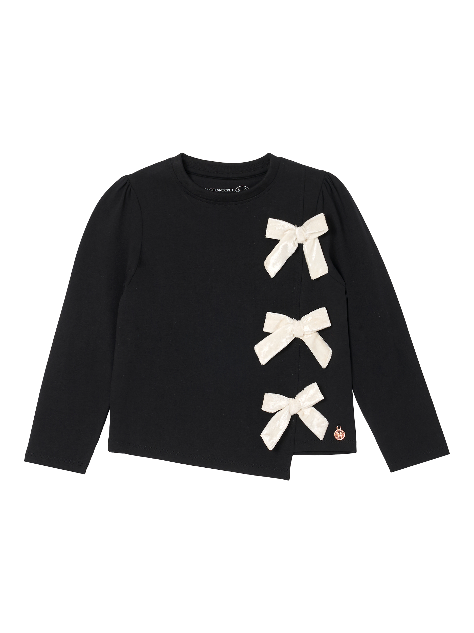 Product image 5 of 7, which shows Angel & Rocket  Kids' Cotton Blend Asymmetric Bow Top, Black, 3-4 years