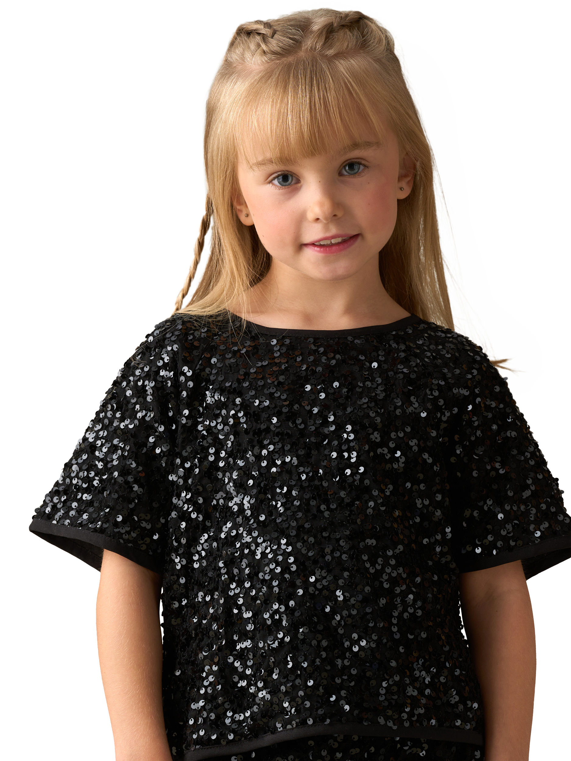 Product image 1 of 3, which shows Angel & Rocket Kids' Relaxed Short Sleeved Sequin Top, Black, 3 years