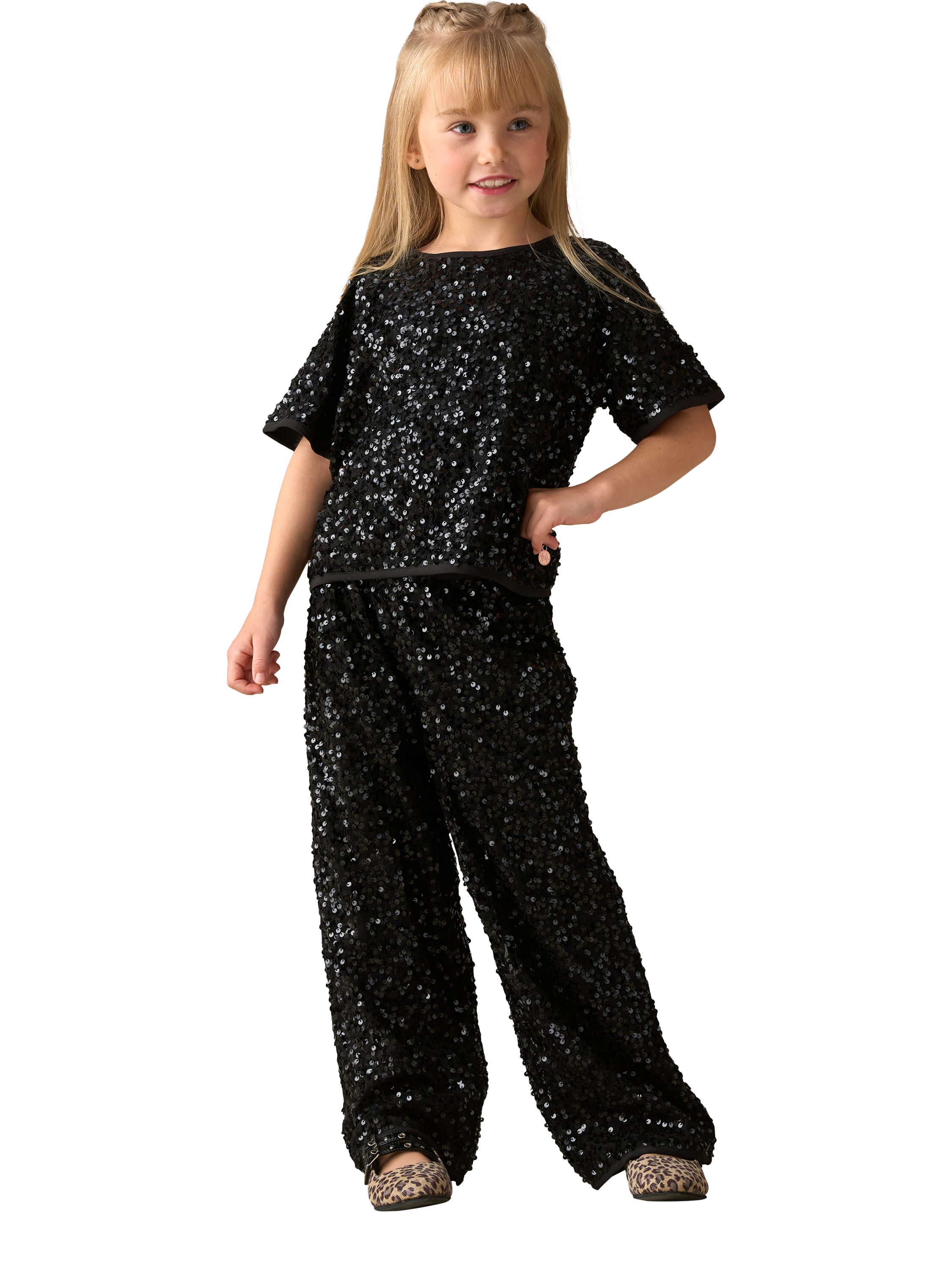 Product image 2 of 3, which shows Angel & Rocket Kids' Relaxed Short Sleeved Sequin Top, Black, 3 years