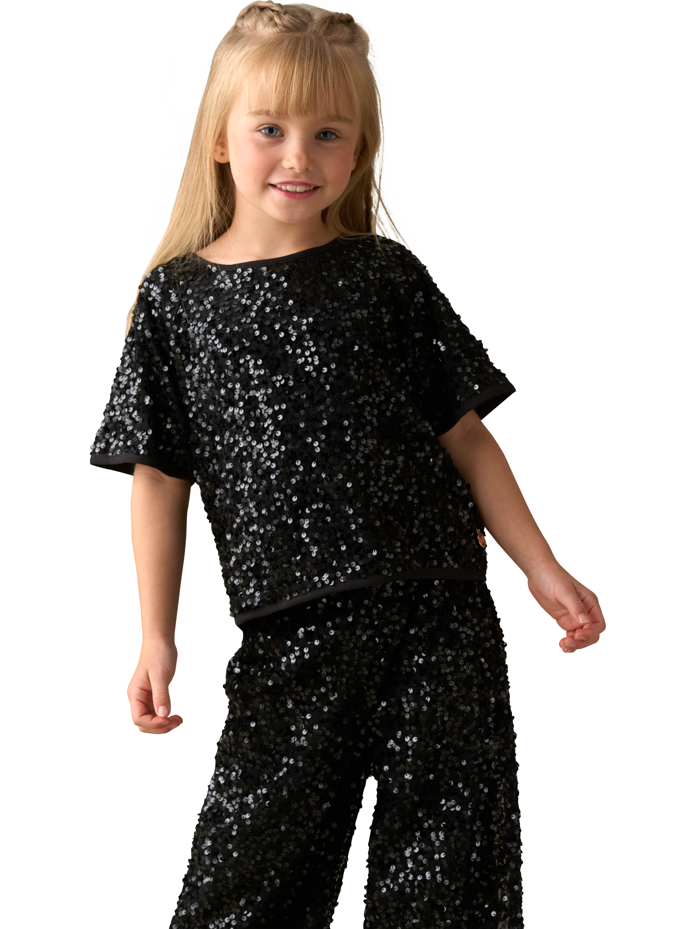 Product image 3 of 3, which shows Angel & Rocket Kids' Relaxed Short Sleeved Sequin Top, Black, 3 years