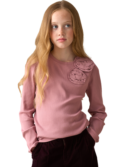 Angel & Rocket Kids' Cotton Rich Long Sleeved Corsage Top, Rose, Rose