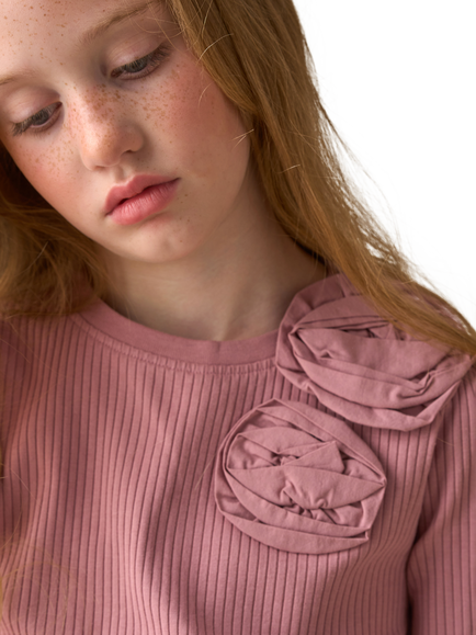 Angel & Rocket Kids' Cotton Rich Long Sleeved Corsage Top, Rose - view 2, Rose