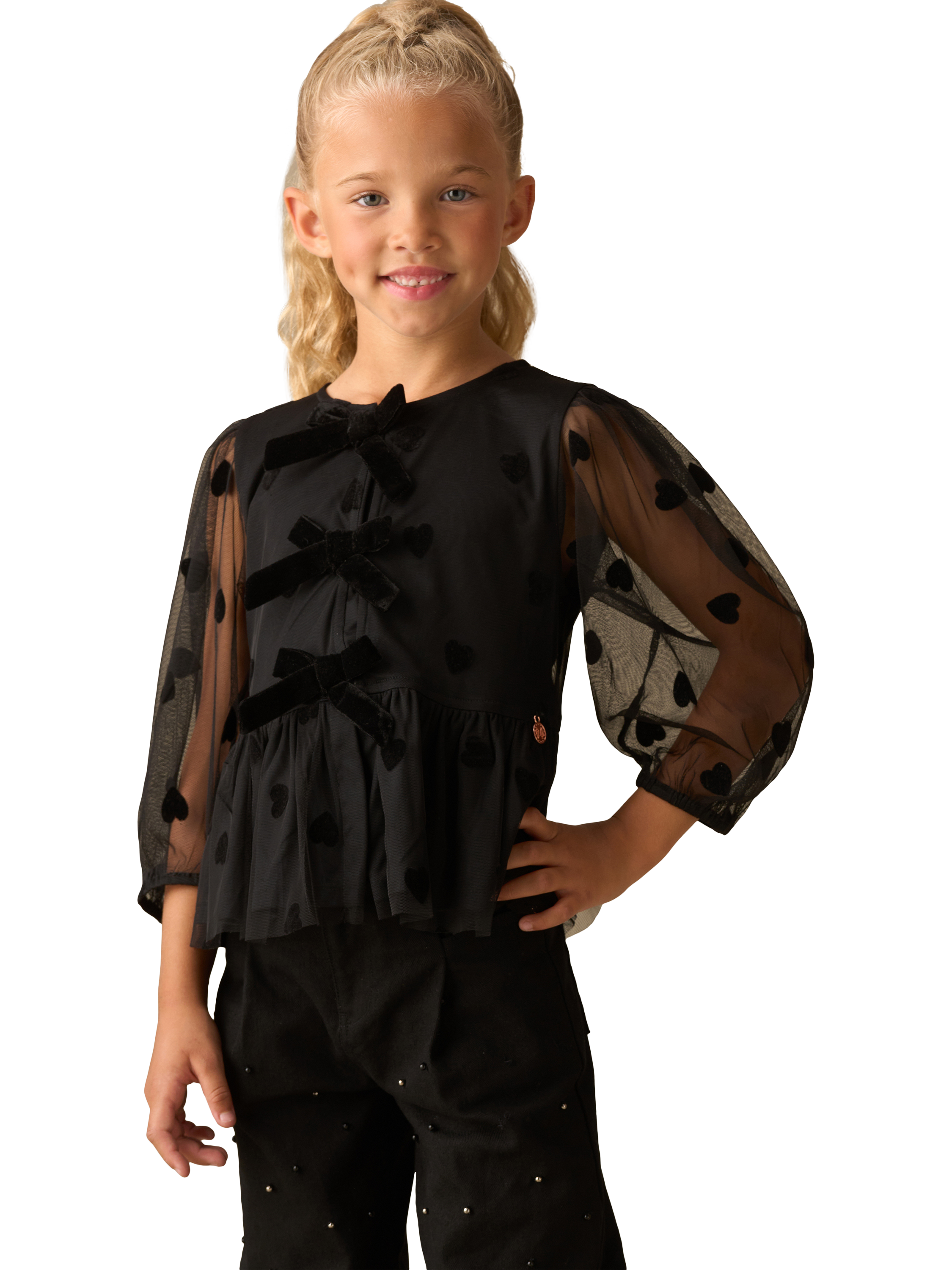 Product image 4 of 7, which shows Angel & Rocket Kids' Flock Heart Mesh Top, Black, 3 years