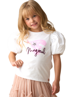 Angel & Rocket Kids' Cotton Blend Embroidered Puff Sleeve T-Shirt, White