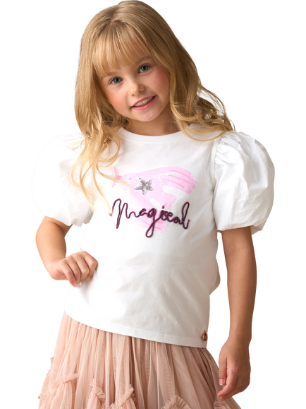 Angel & Rocket Kids' Cotton Blend Embroidered Puff Sleeve T-Shirt, White