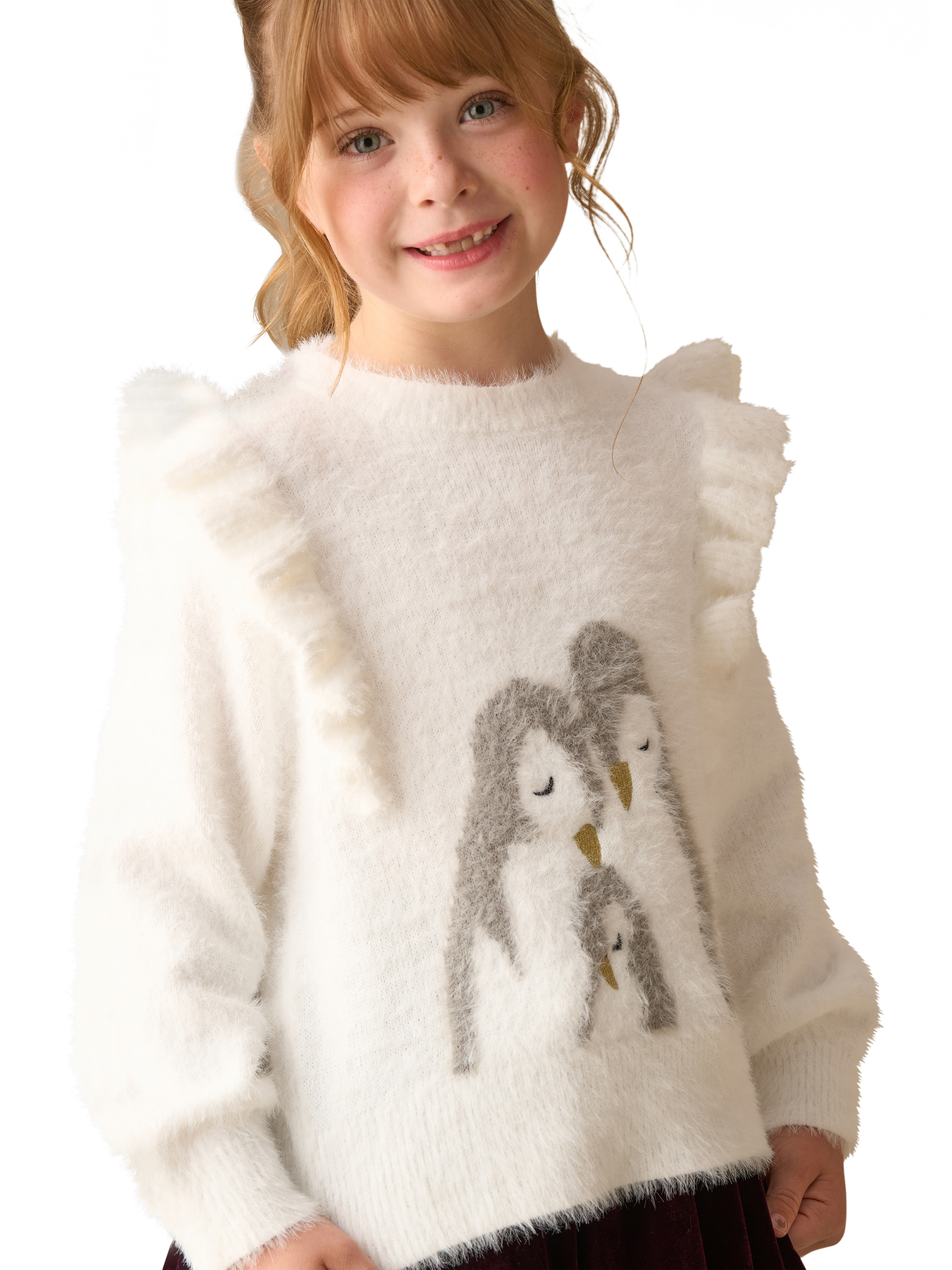 Product image 1 of 7, which shows Angel & Rocket Kids' Penguin Jumper, Ivory, 3-4 years