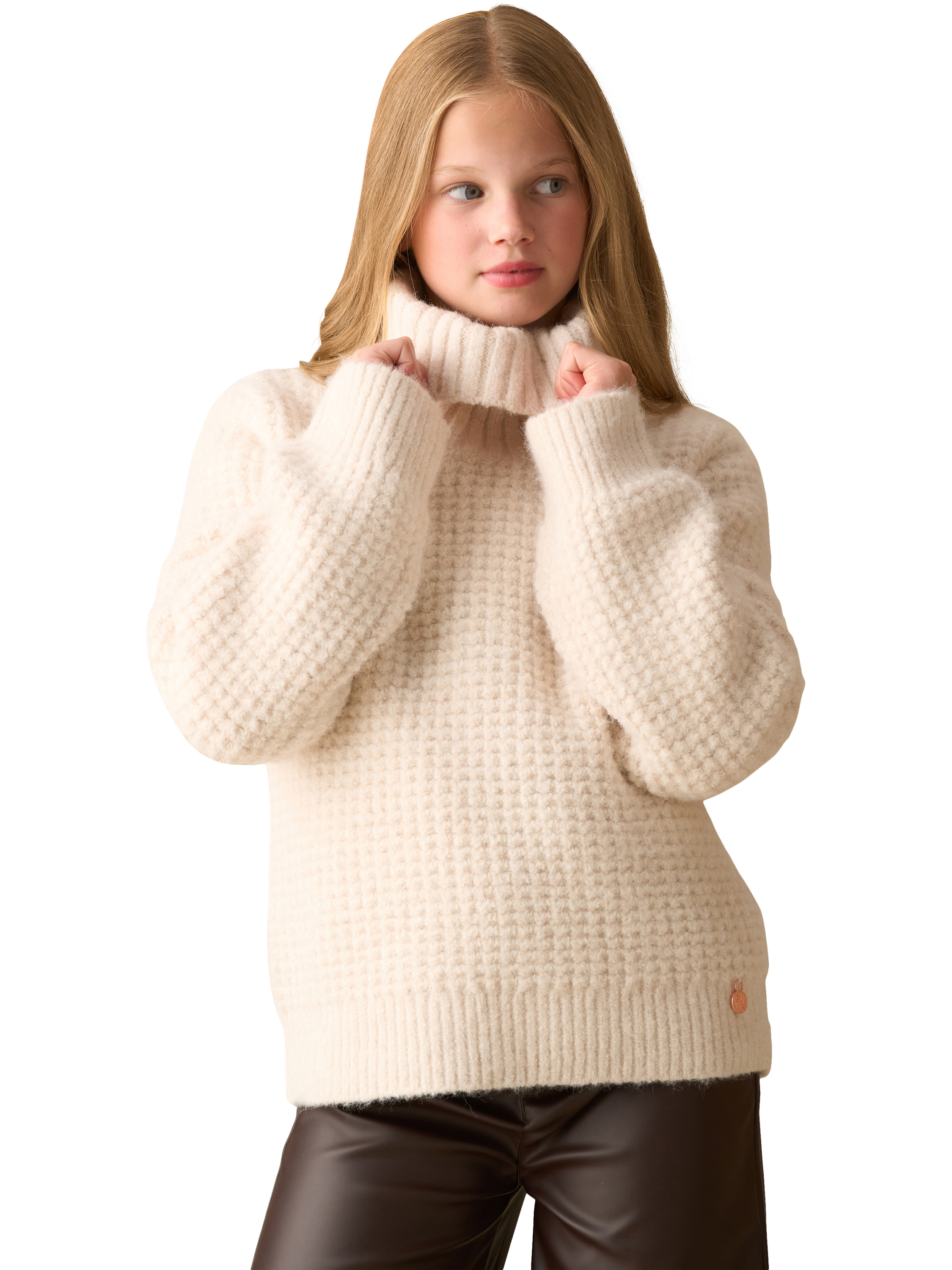 Product image 1 of 6, which shows Angel & Rocket Kids' Chunky Rollneck Jumper, Cream, 5-6 years