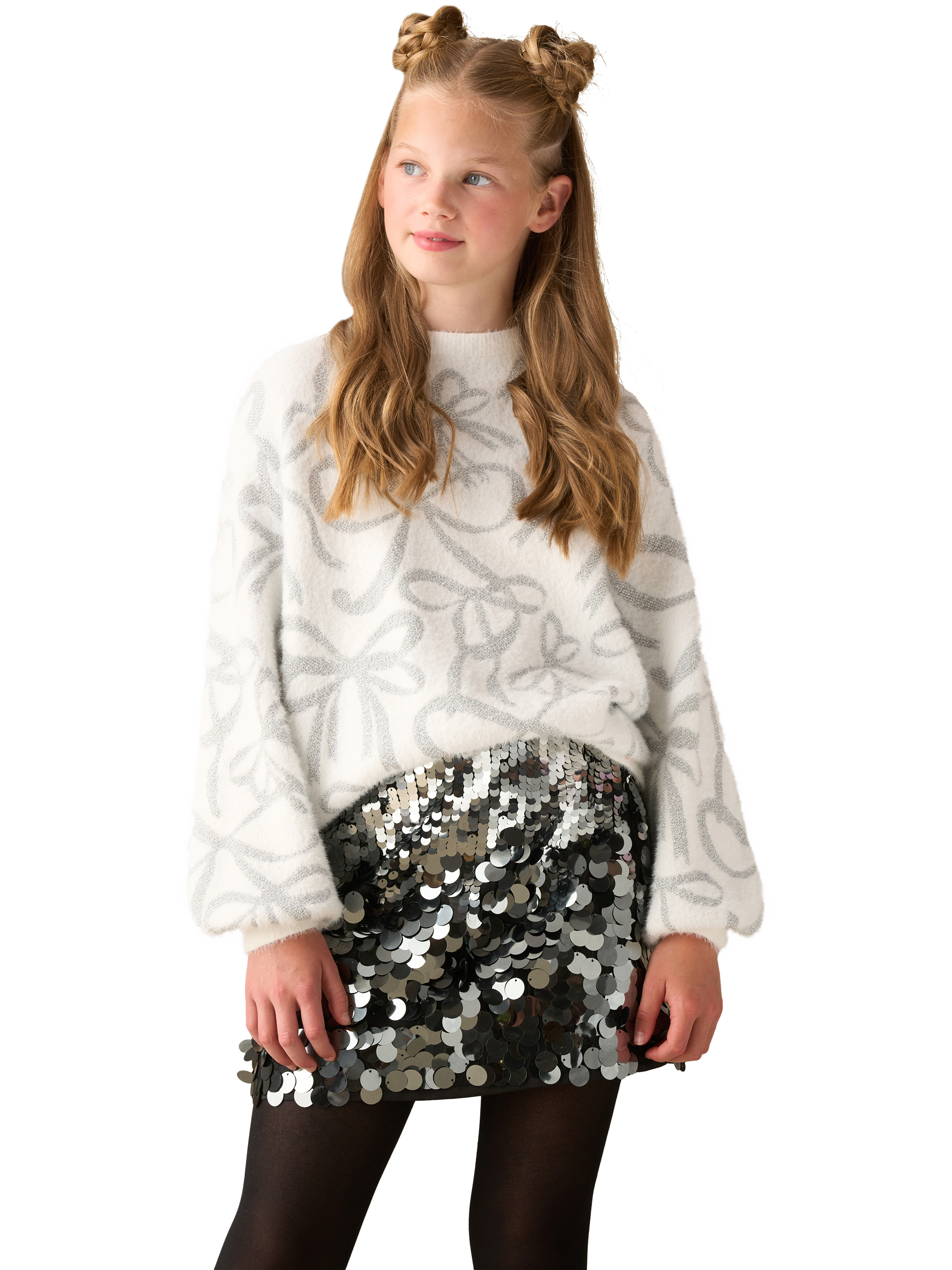 Product image 3 of 8, which shows Angel & Rocket Kids' Silver Bow Jumper, White, 3-4 years