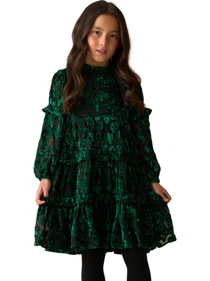 Angel & Rocket Kids' Devore Floral Velvet Tiered Midi Dress, Green